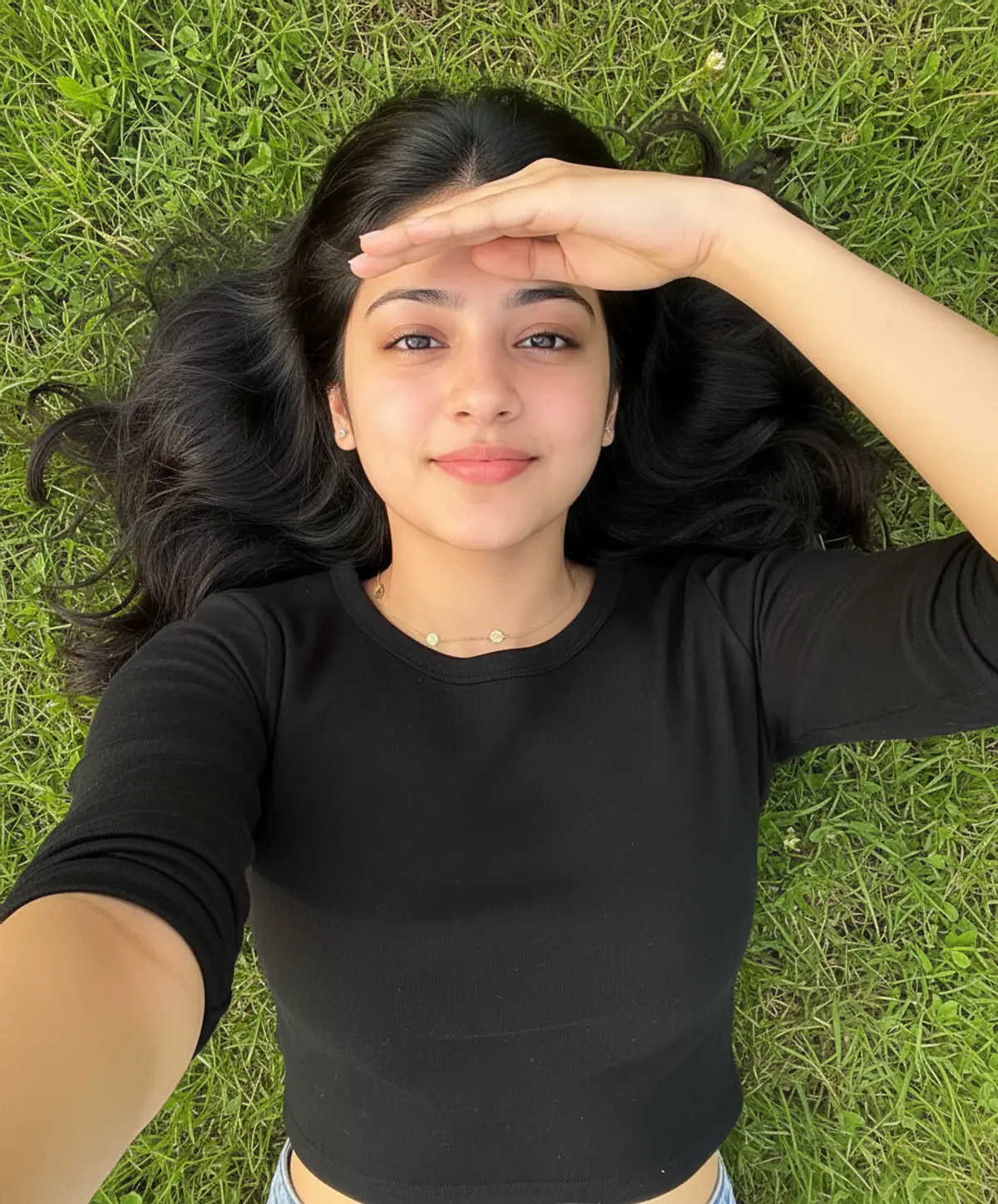Sunlit Grassland Selfie AI photo by Serene