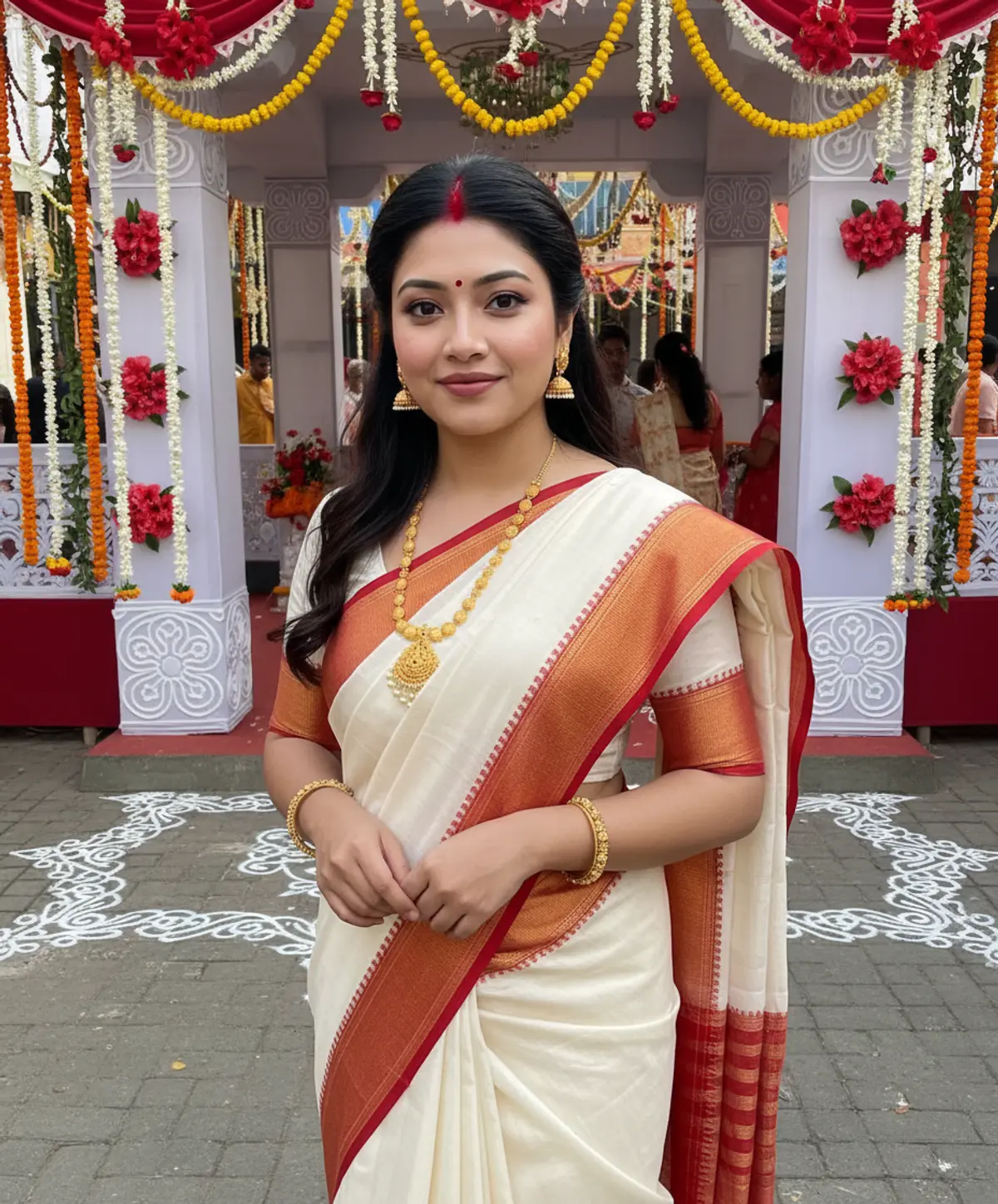 Bengali Durga Puja – Red & White Tradition ❤️🤍 AI photo by Serene, example 1
