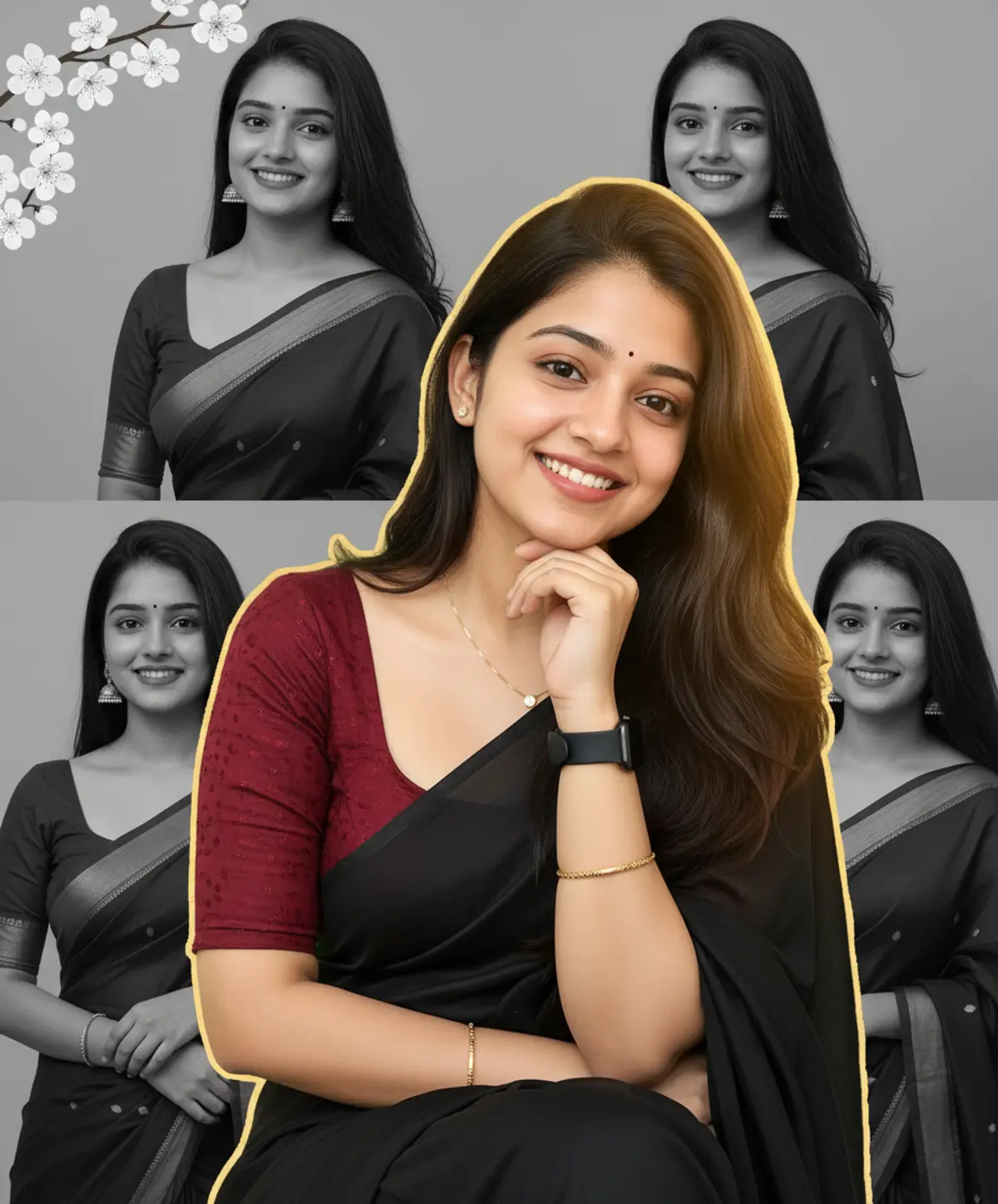 Desi Scrapbook — Selective Color Saree Collage: AI-generated from the original photo