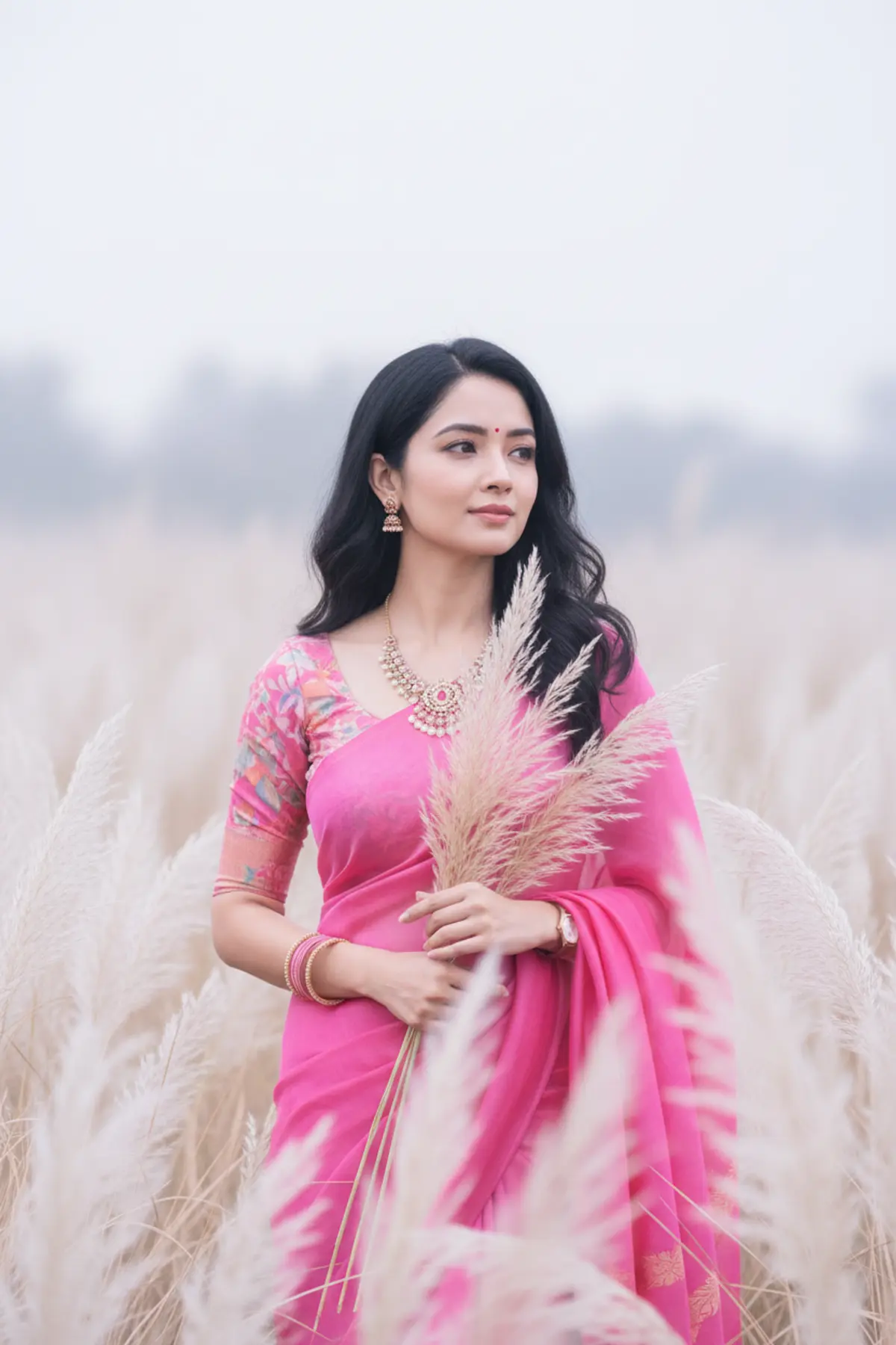 Pink Pampas Reverie — Ethereal Indian Saree Portrait AI photo by Serene