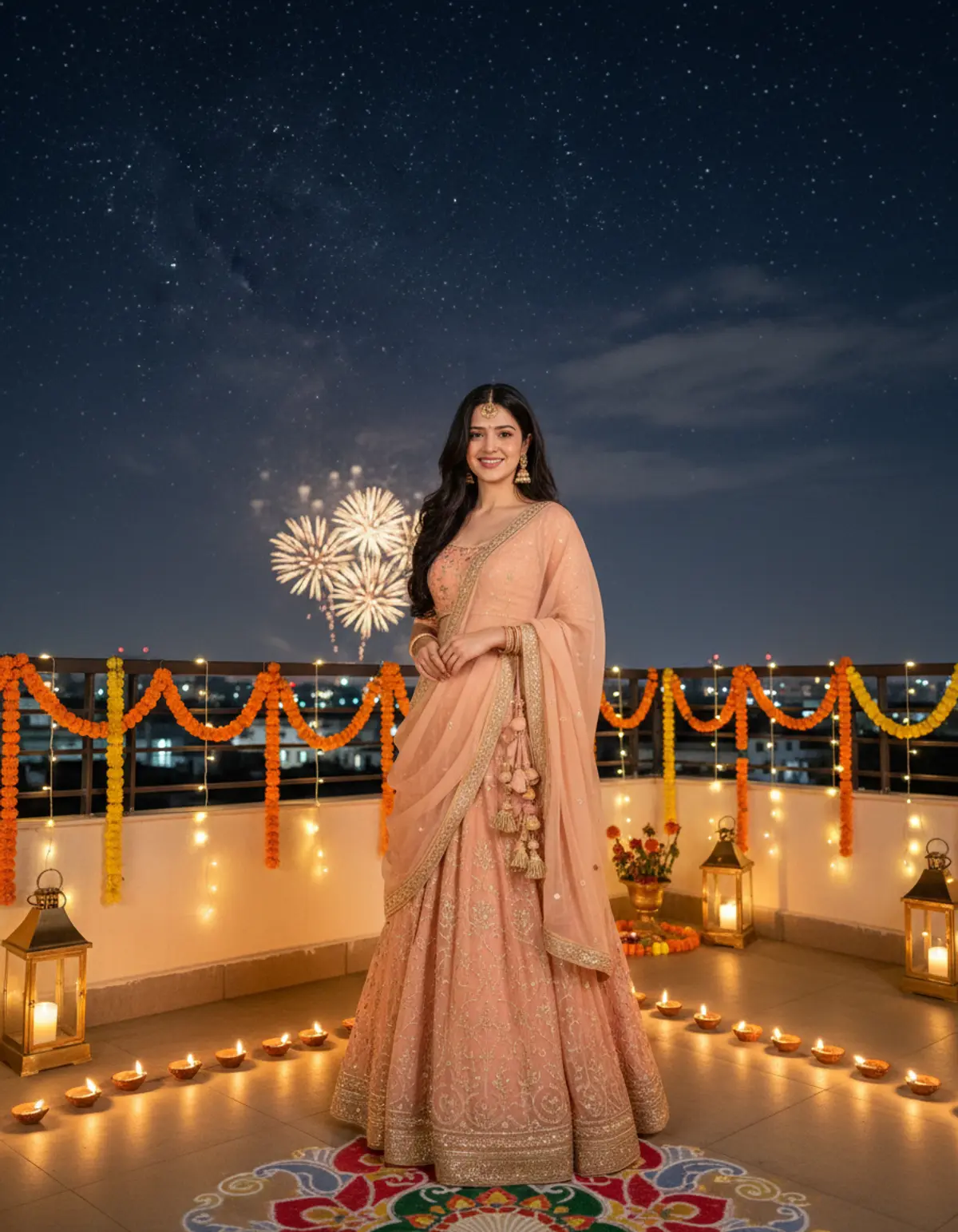A Starry Diwali Celebration ππͺ | Peach & Gold Elegance AI photo by Serene, example 1