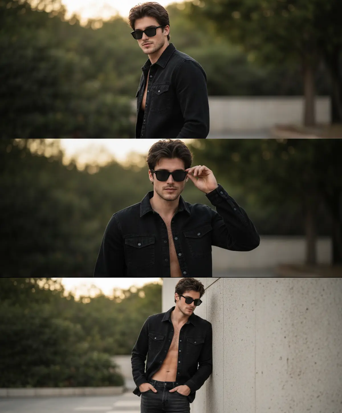 Triple-Pose Urban Denim Editorial: AI-generated from the original photo