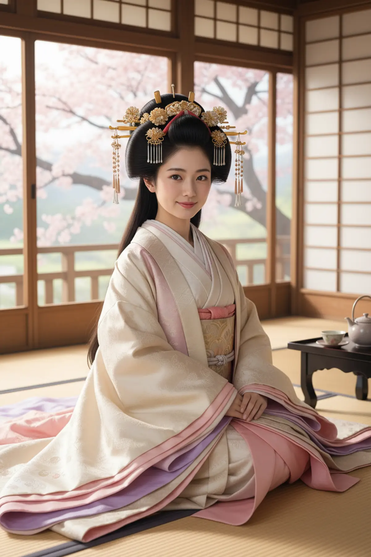 Heian Elegance — Japanese Noble Lady in the Imperial Palace: AI-generated from the original photo