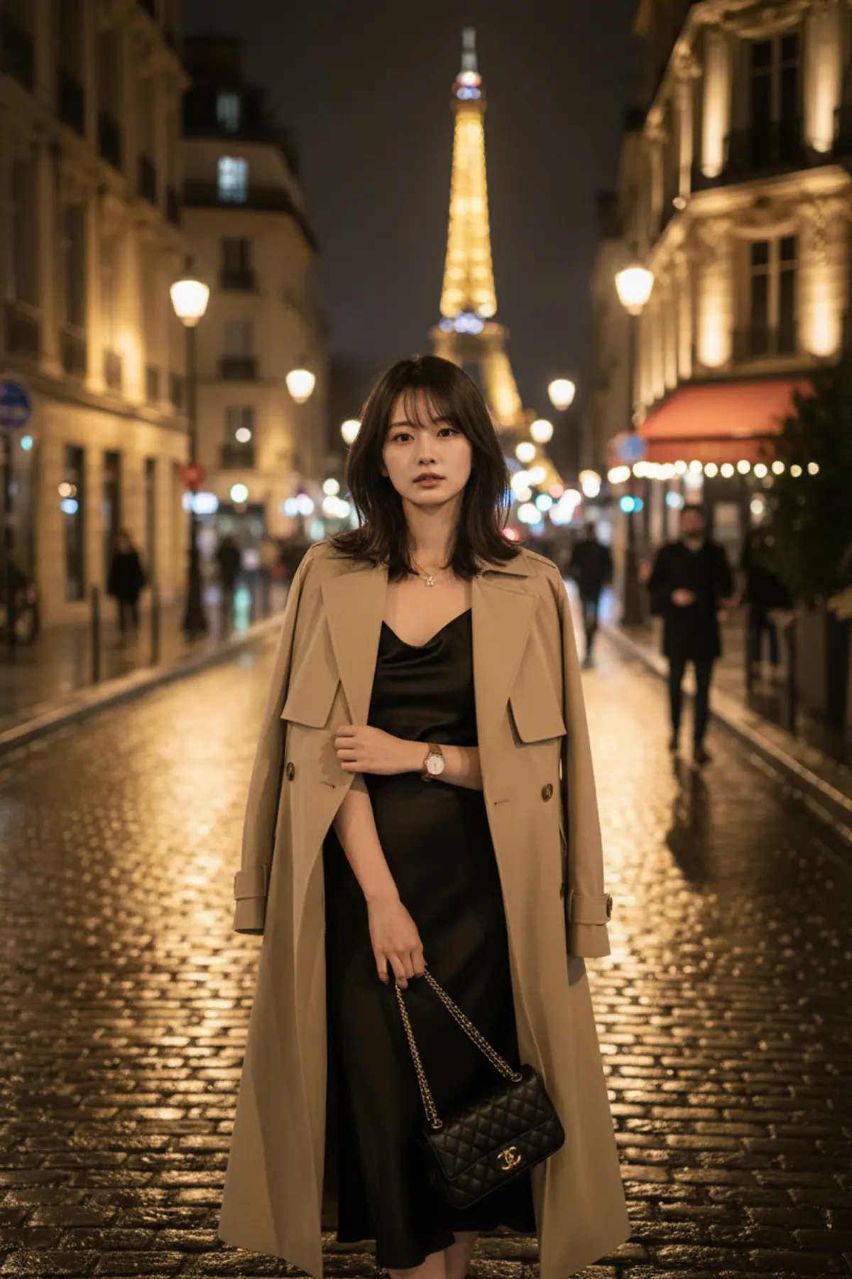 Paris After Rain — Luxury Night Fashion Editorial: AI-generated from the original photo