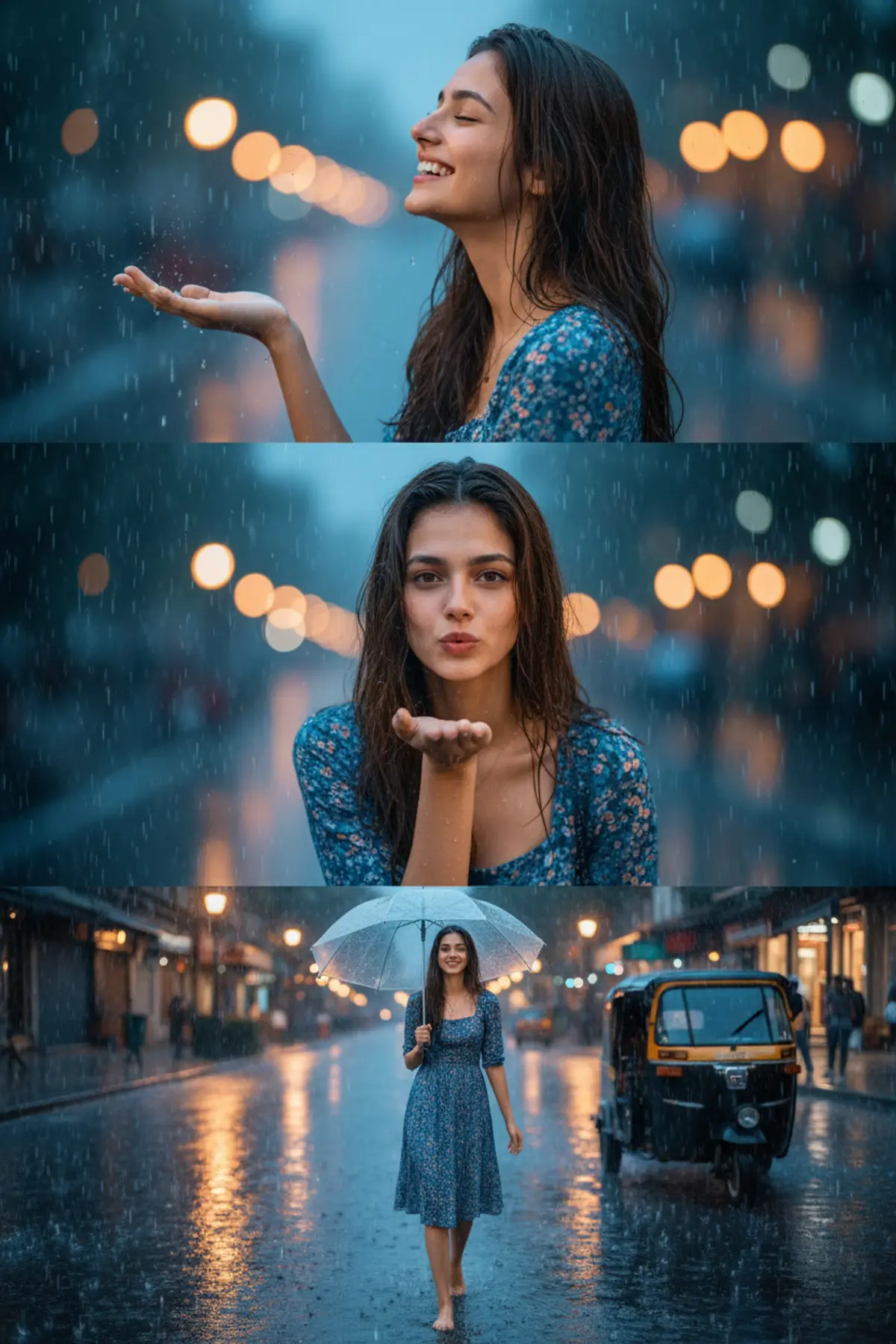 Monsoon Dreams — Cinematic Rainy Evening Portrait: AI-generated from the original photo
