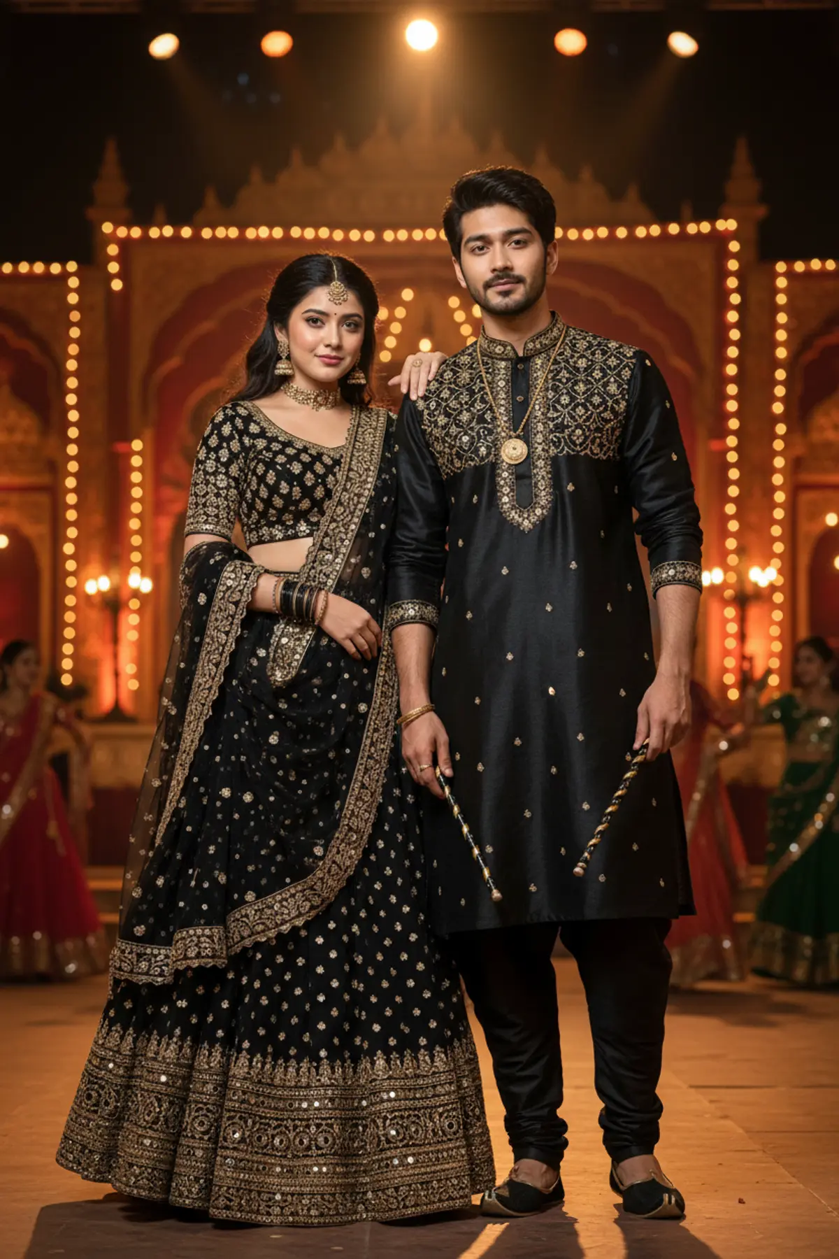 Black & Gold Garba Couple – Navratri 2026 ✨: AI-generated from the original photo