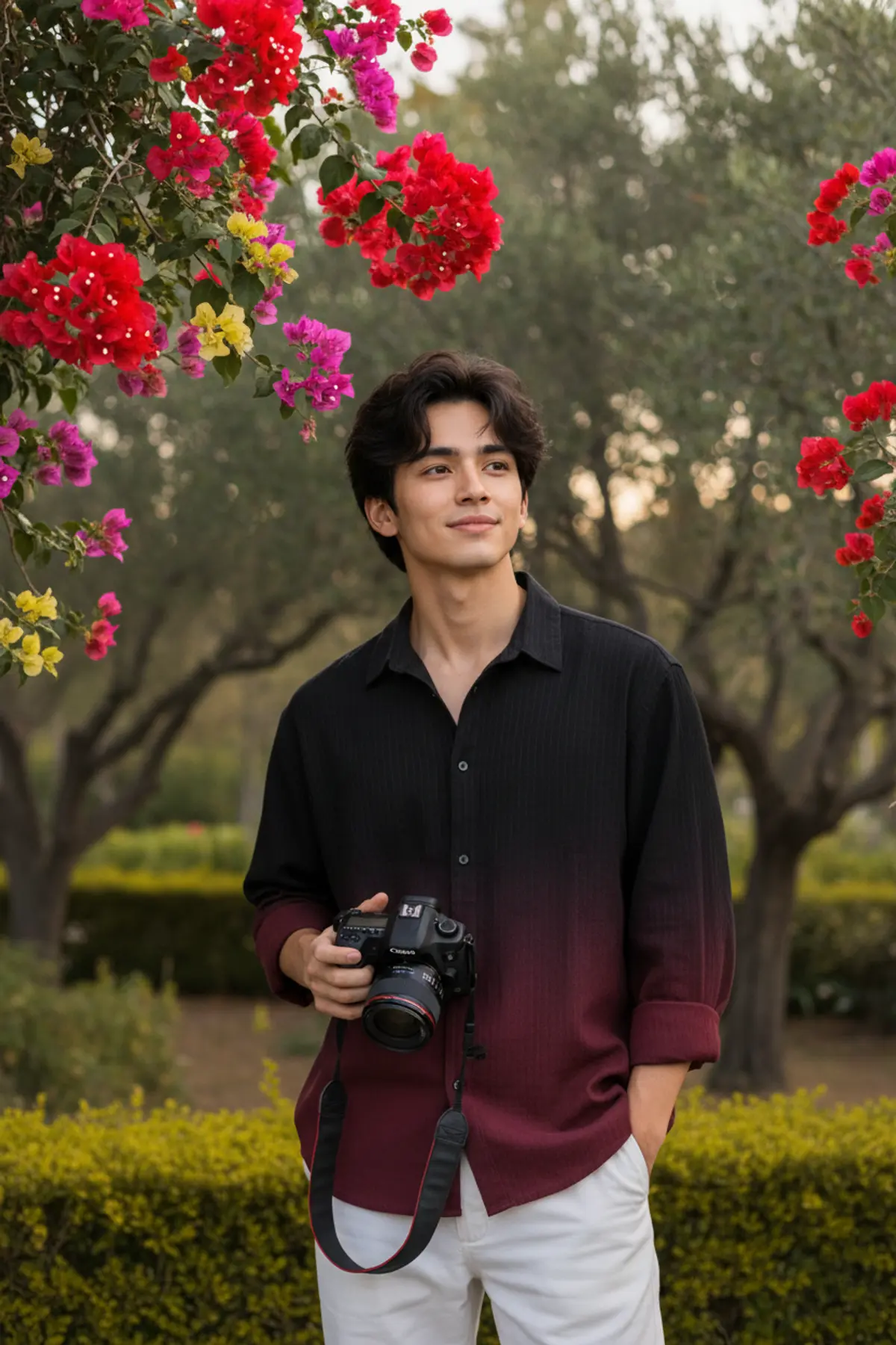 Garden Gentleman — Maroon Gradient Editorial: AI-generated from the original photo