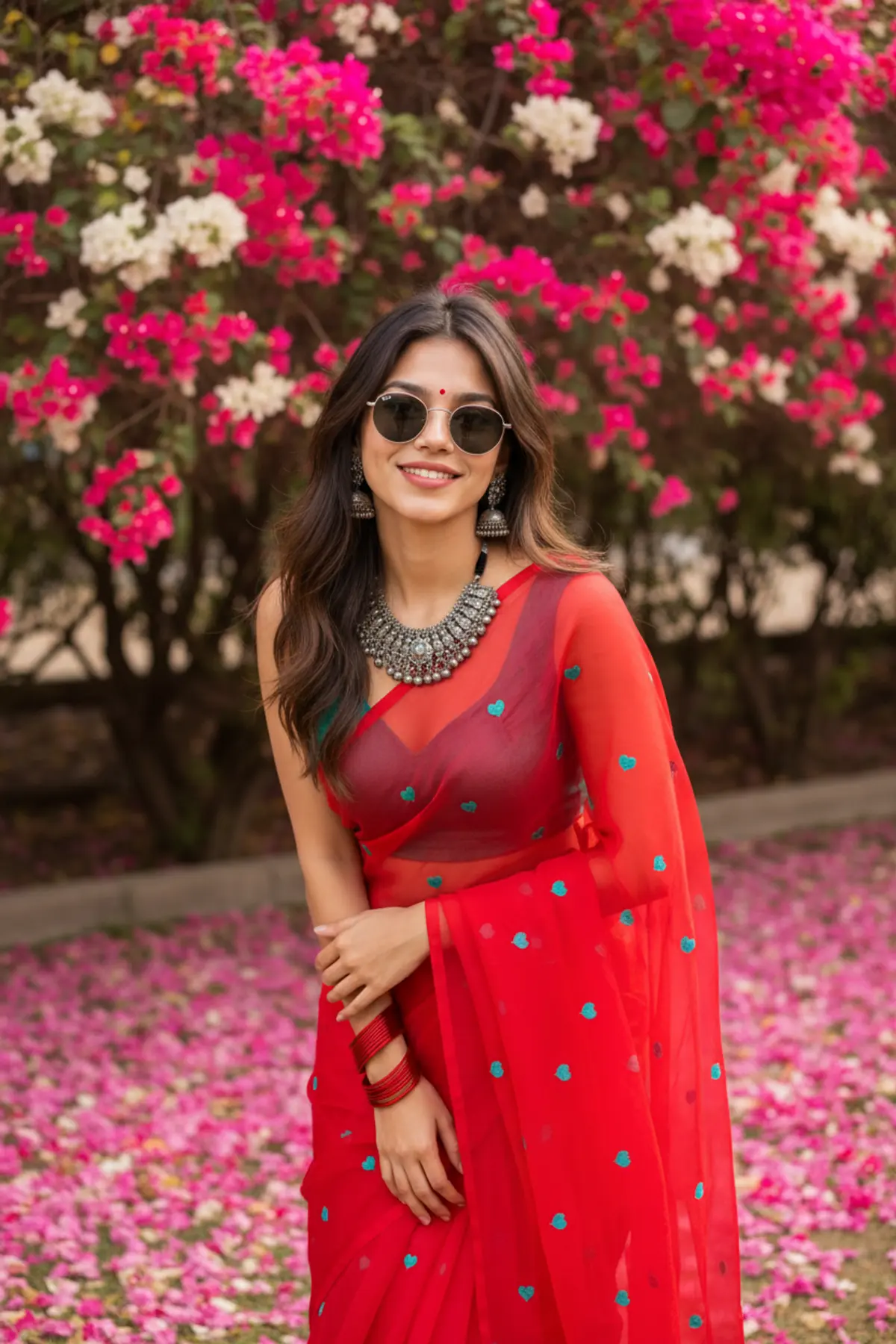 Bougainvillea Bloom — Vibrant Red & Teal Ethnic Fashion Portrait: AI-generated from the original photo