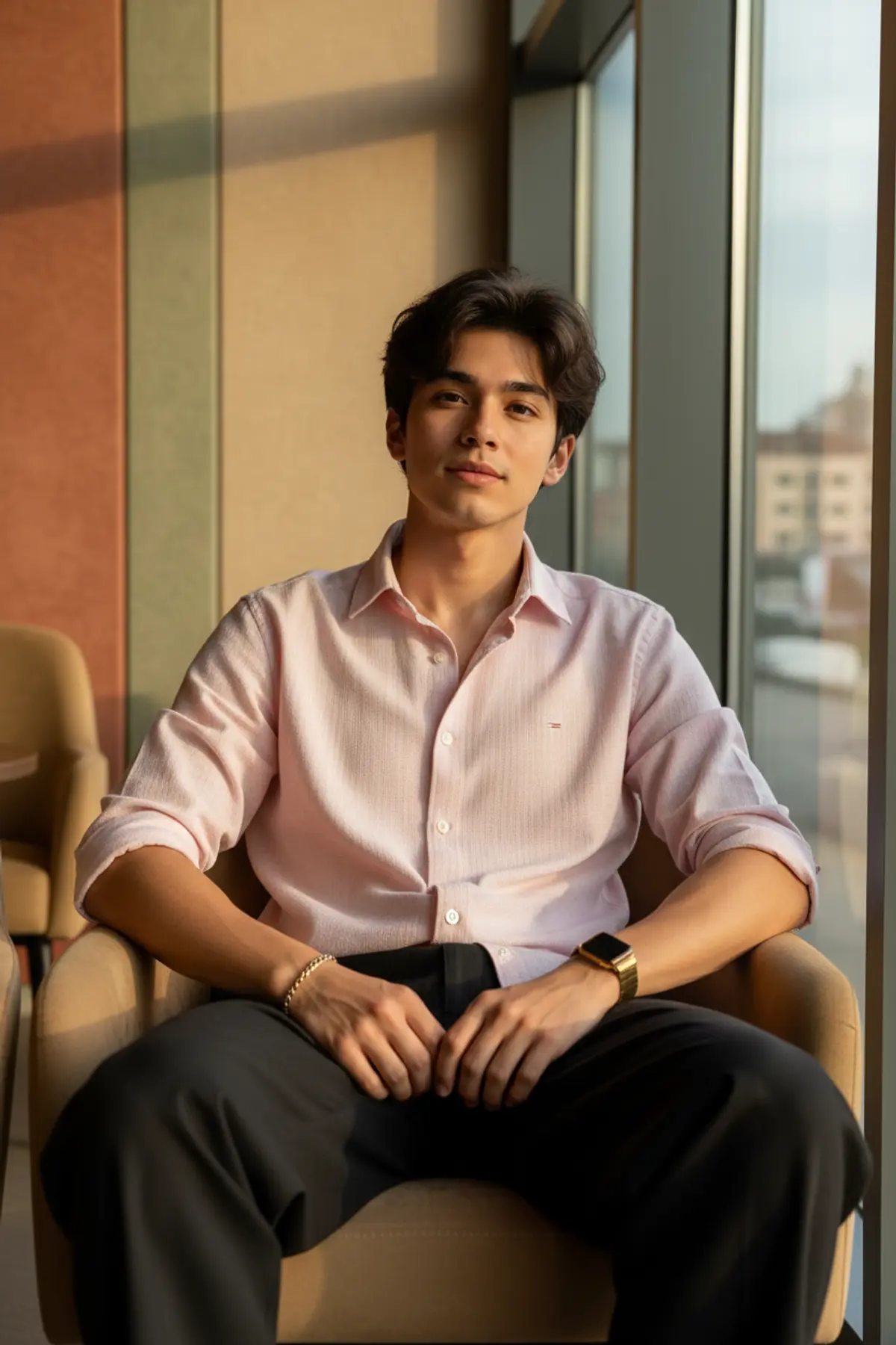 Café Gentleman — Pastel Pink Luxury Portrait: AI-generated from the original photo