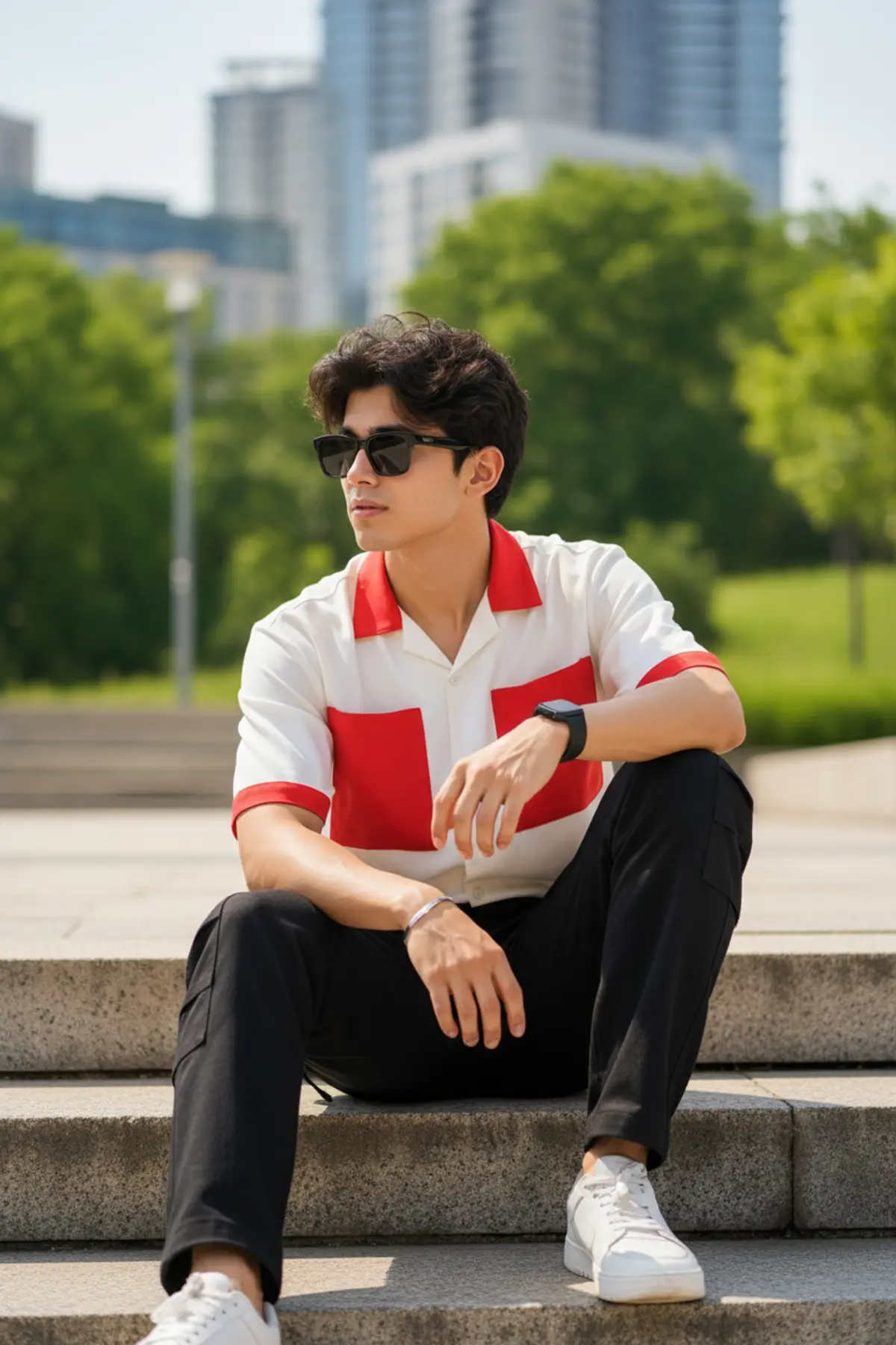 Cinematic Red & White Streetwear Portrait: AI-generated from the original photo