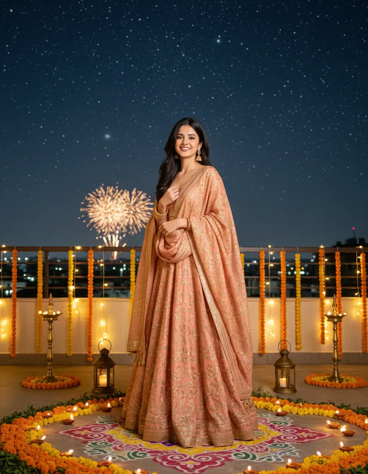 Starry Diwali Rooftop Lehenga Portrait AI photo by Serene