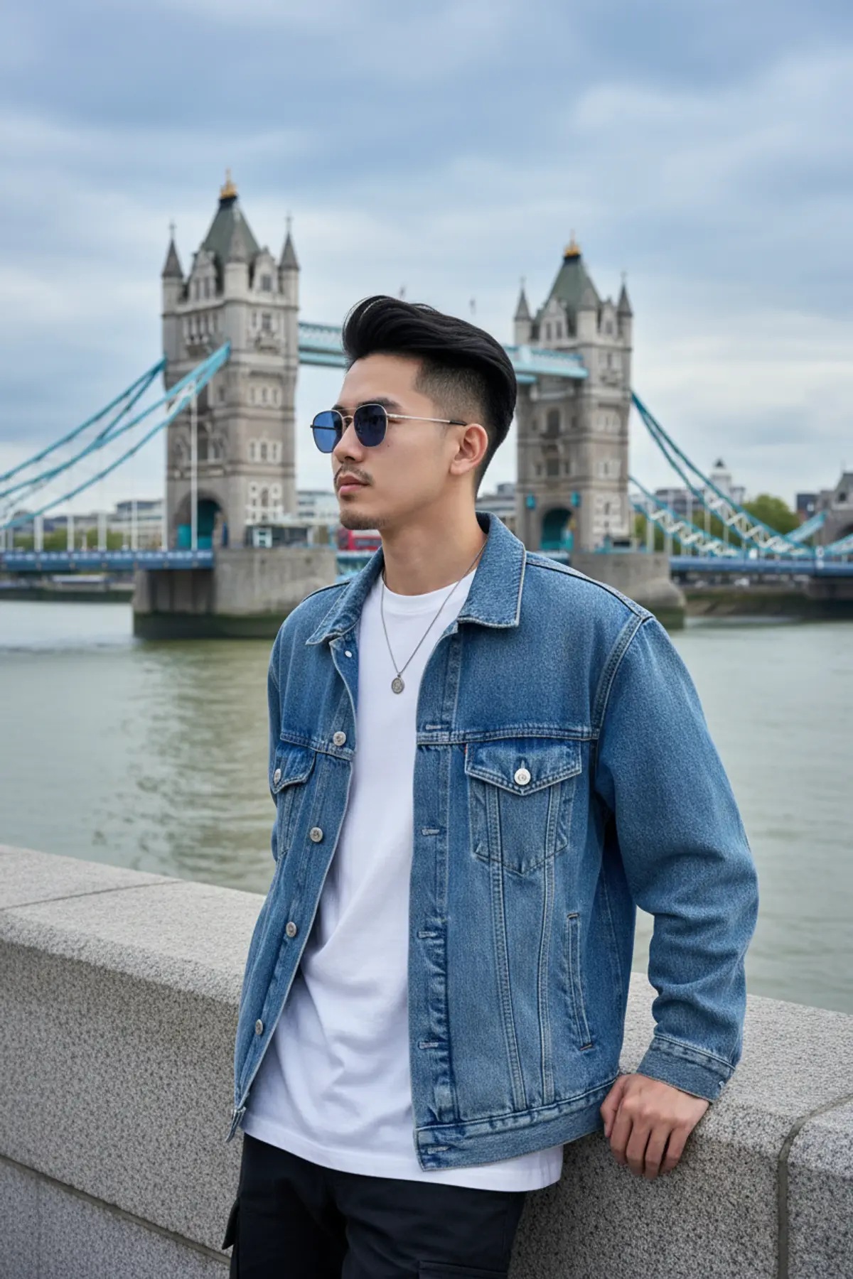 London Riverside Gentleman β Denim Travel Editorial: AI-generated from the original photo
