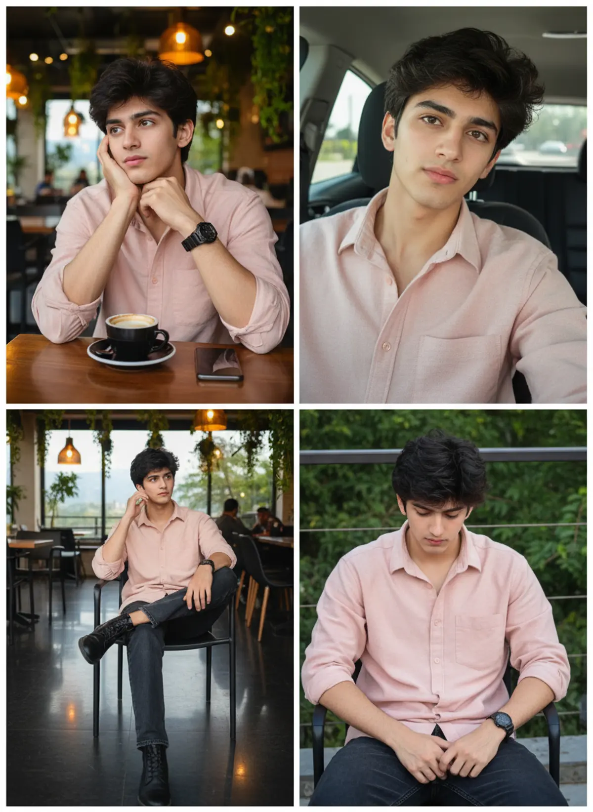 Premium Pink Shirt Cafe Lifestyle Collage: AI-generated from the original photo