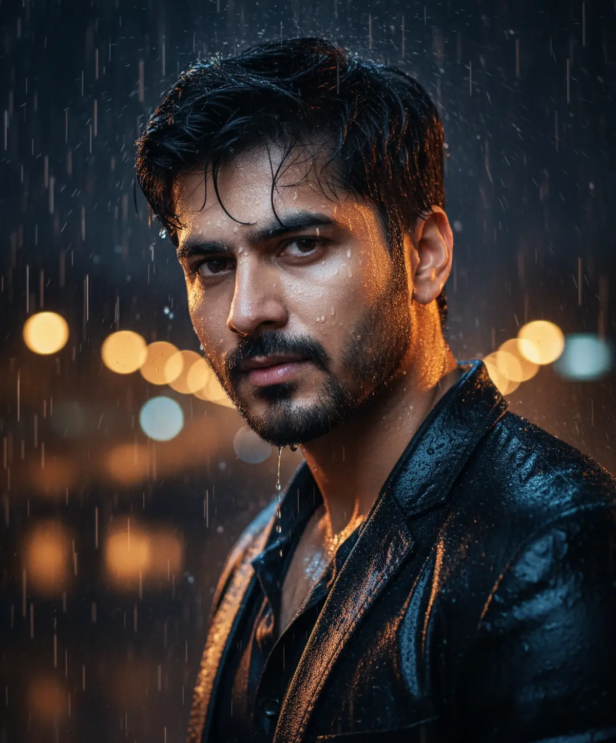 Rainfall Noir — Cinematic Night Portrait: AI-generated from the original photo