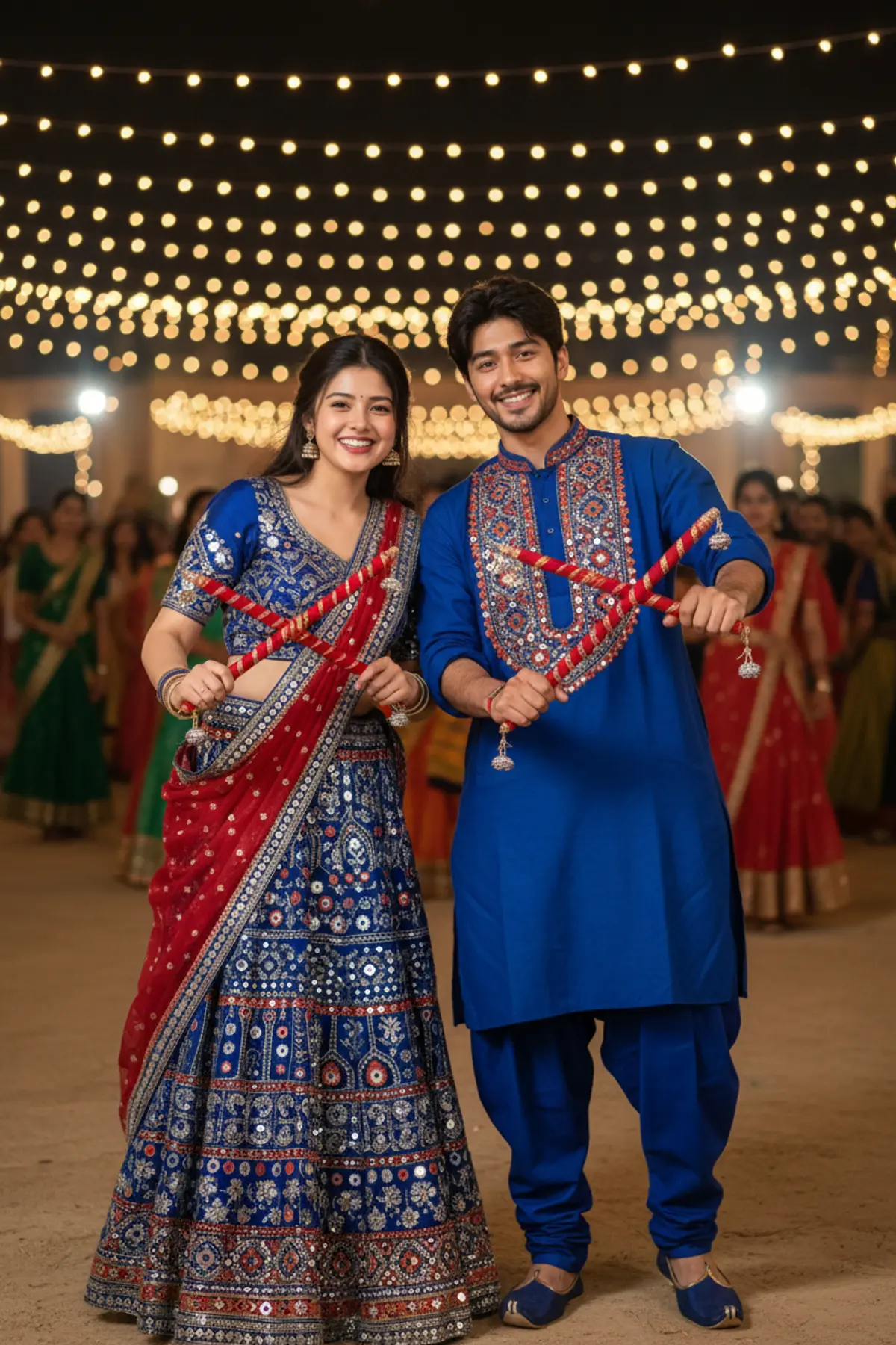 Blue Dandiya Duo – Navratri 2026 💙✨: AI-generated from the original photo