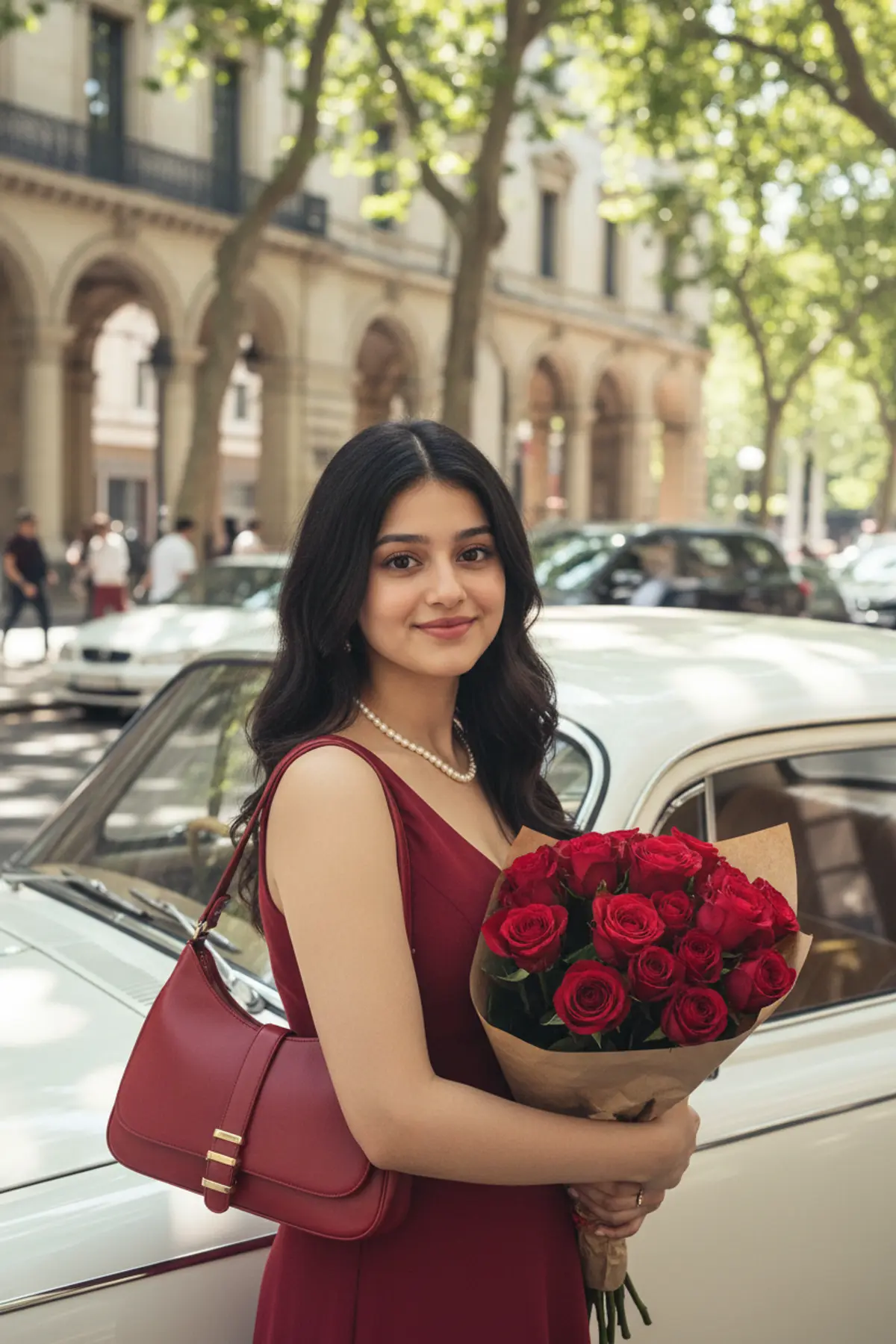 Crimson Rose Street Elegance: AI-generated from the original photo
