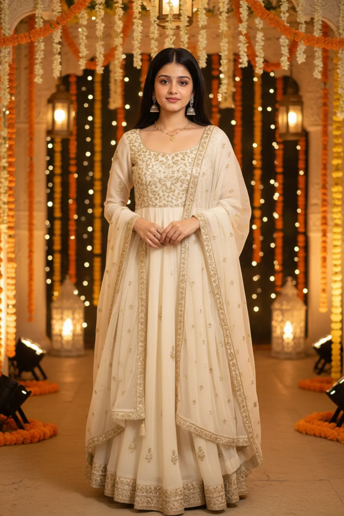 Dussehra Elegance โ Royal Ivory Anarkali Look ๐ค๐ธ: AI-generated from the original photo