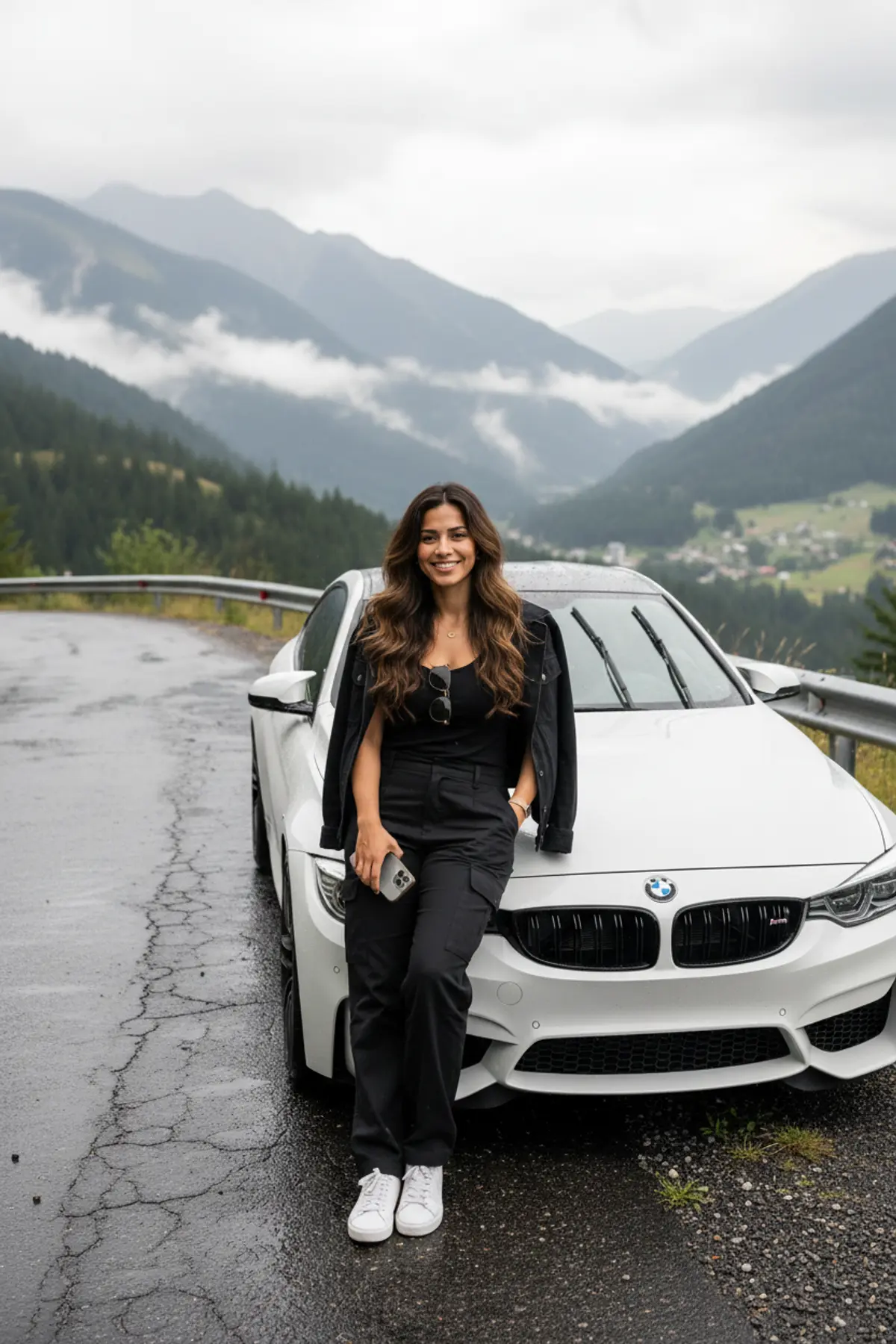 BMW M4 Mountain Road Fashion Portrait: AI-generated from the original photo