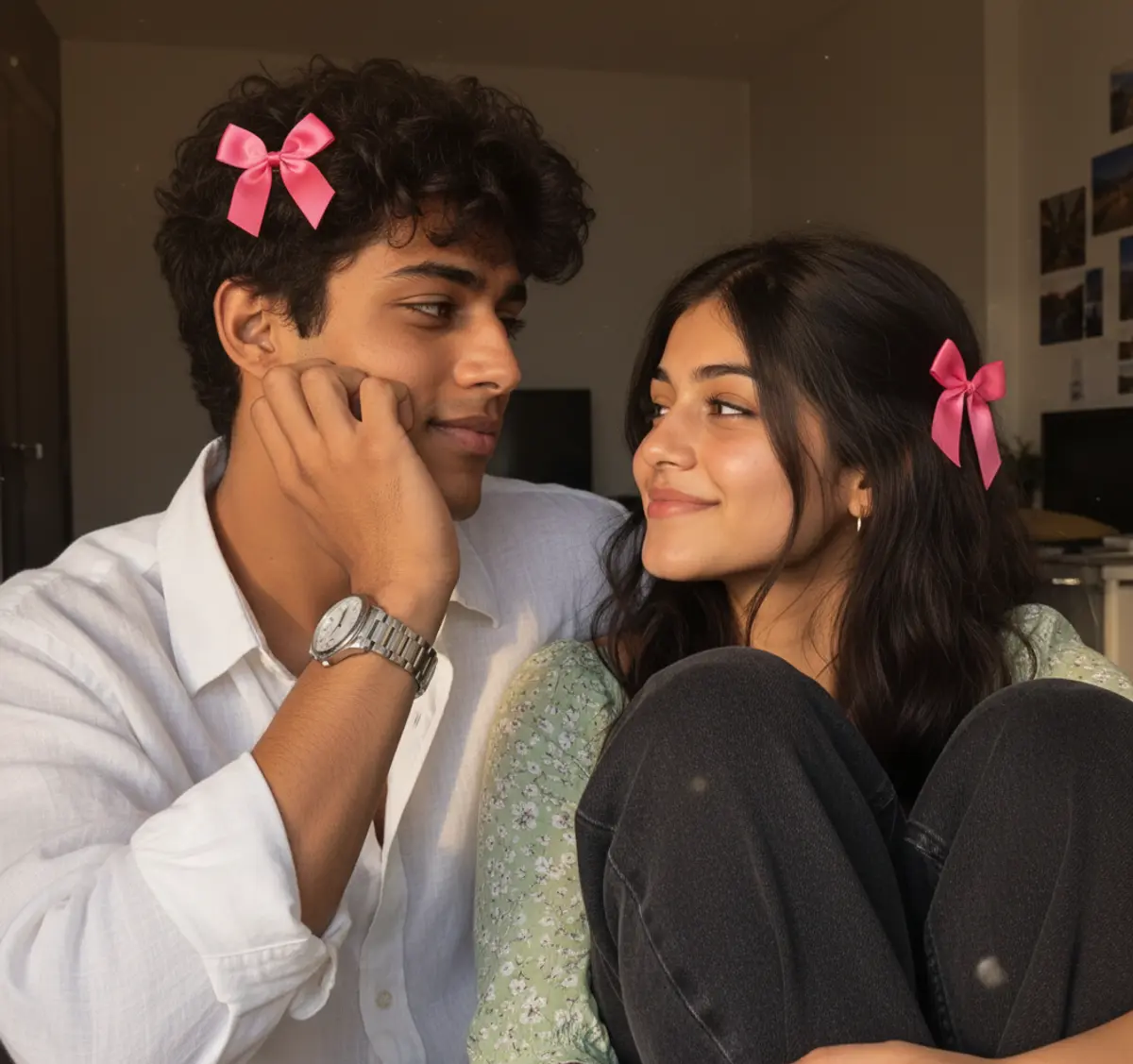 Golden-Hour Sweethearts — Pink Bow Couple Portrait AI photo by Serene