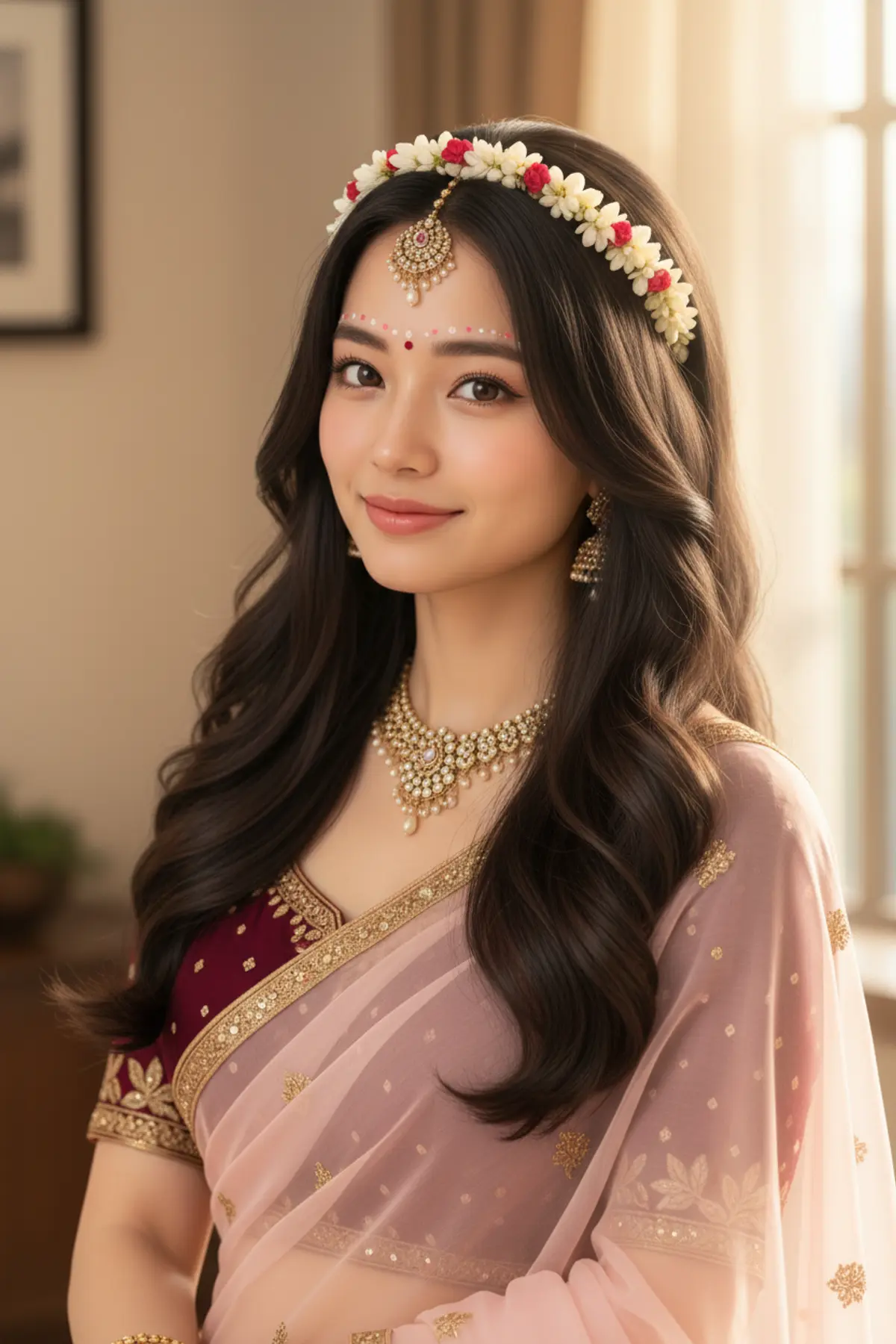 Radha-Inspired Grace — Pink & Maroon Bridal Portrait AI photo by Serene