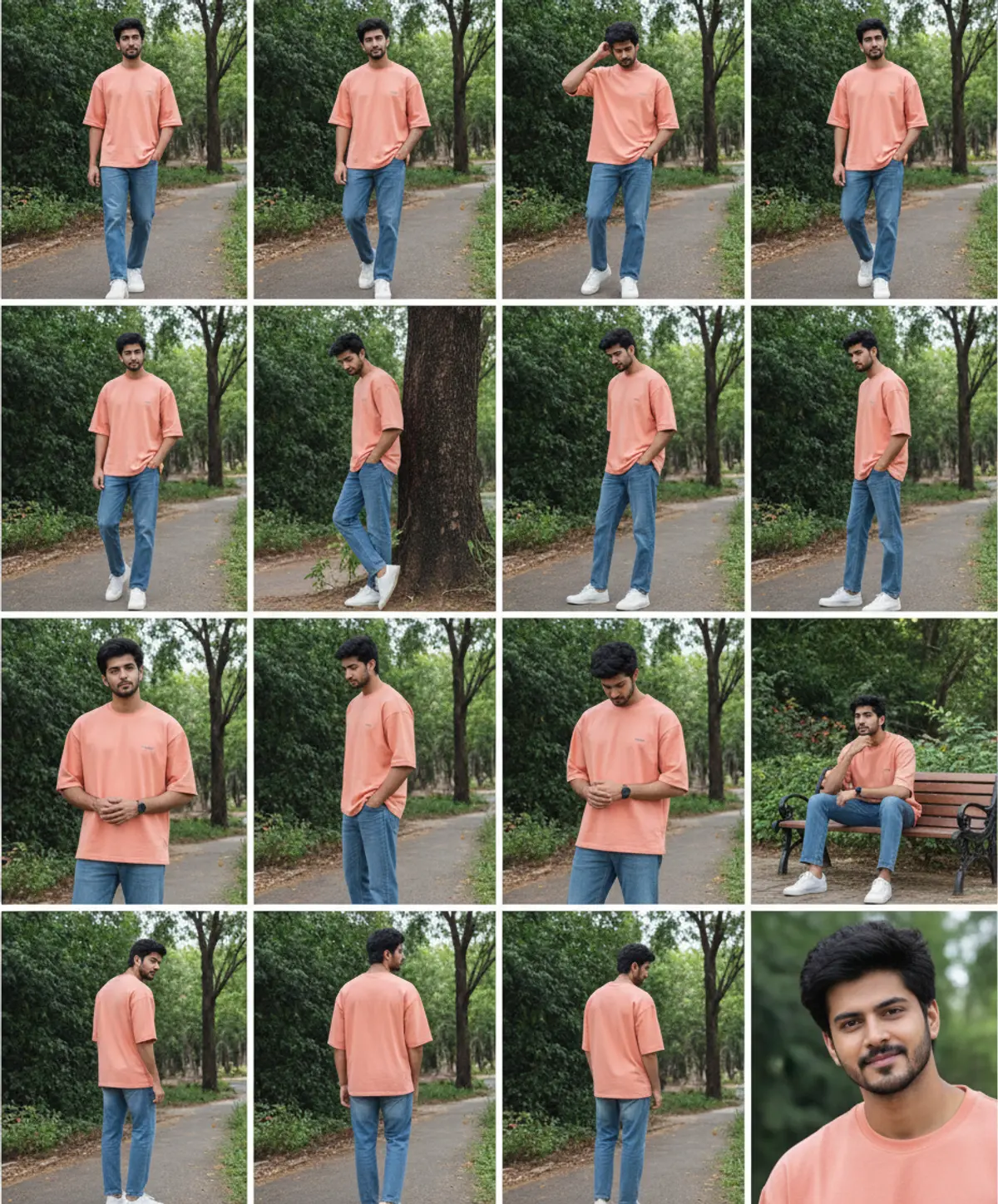 Sixteen Poses β Outdoor Fashion Lookbook: AI-generated from the original photo