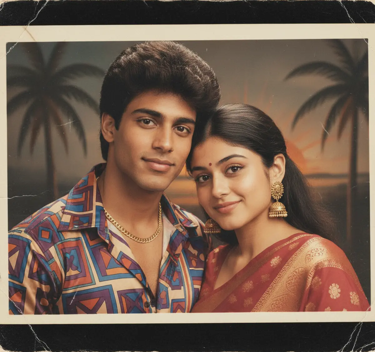 1986 Bollywood Romance — Vintage Couple Portrait: AI-generated from the original photo