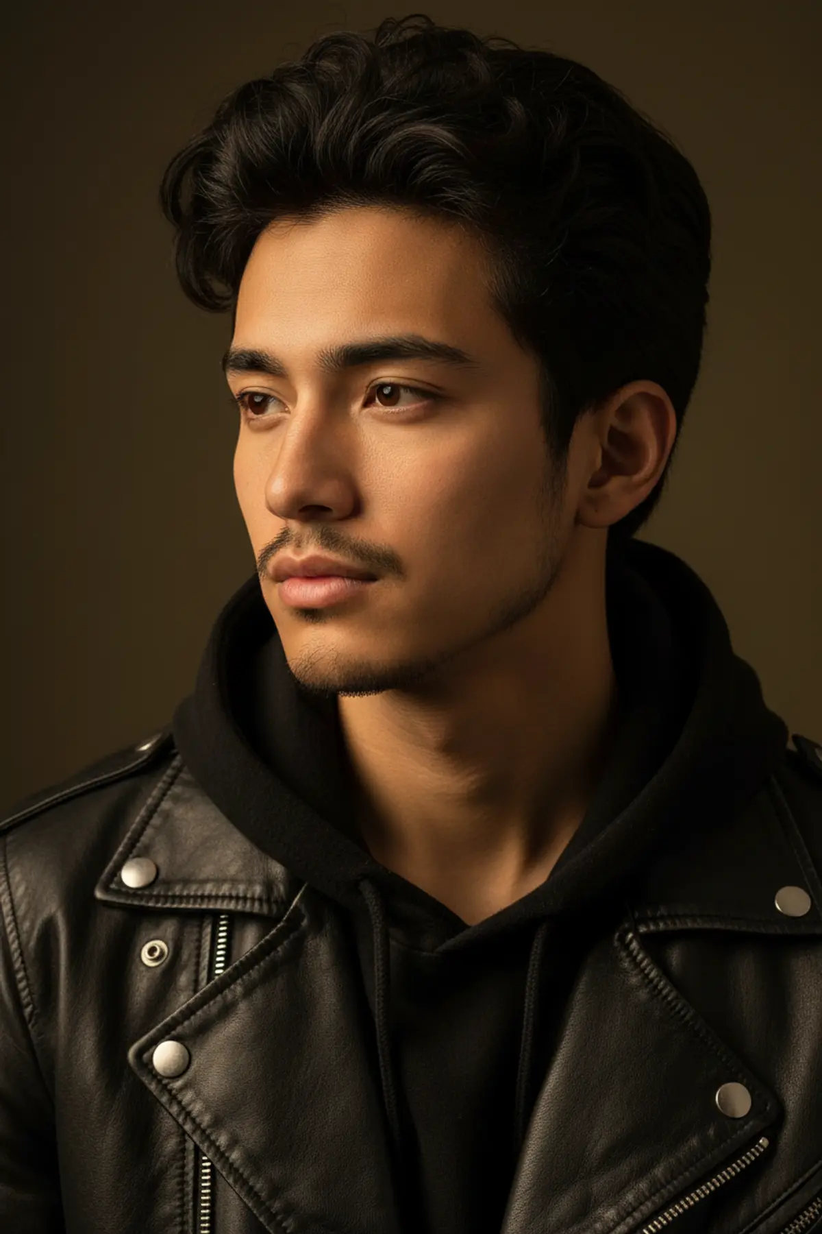 Cinematic Black Leather Portrait: AI-generated from the original photo