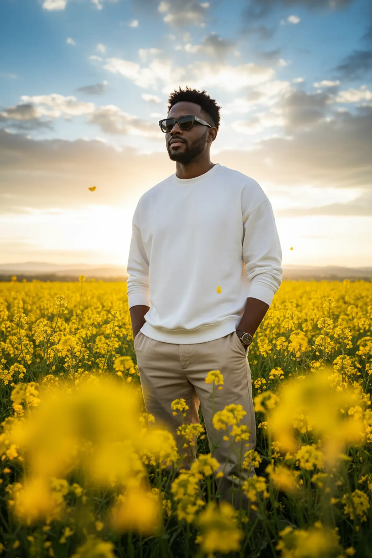Golden Wildflower Gentleman — Cinematic Sunset Portrait: AI-generated from the original photo
