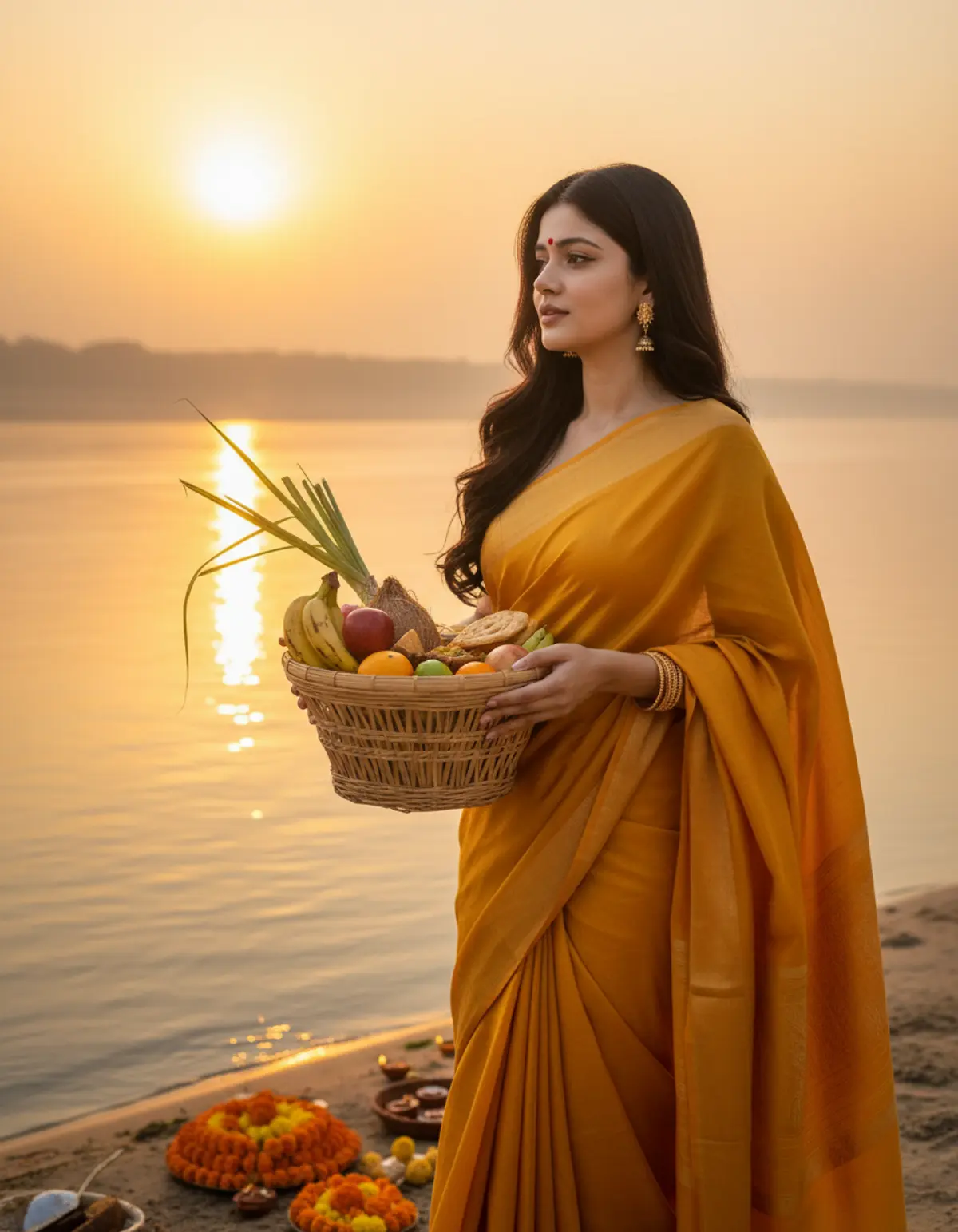 Chhath Puja โ Devotion at Sunrise ๐๐ | Faith & Gratitude AI photo by Serene