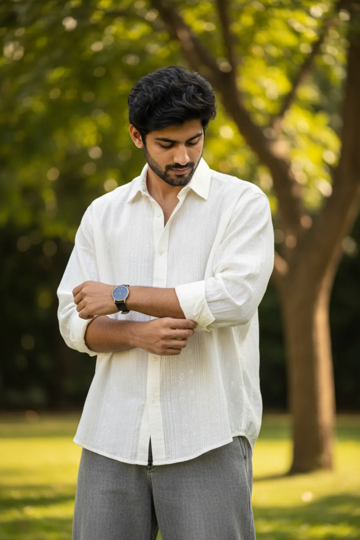 Relaxed Linen Candid Portrait: AI-generated from the original photo