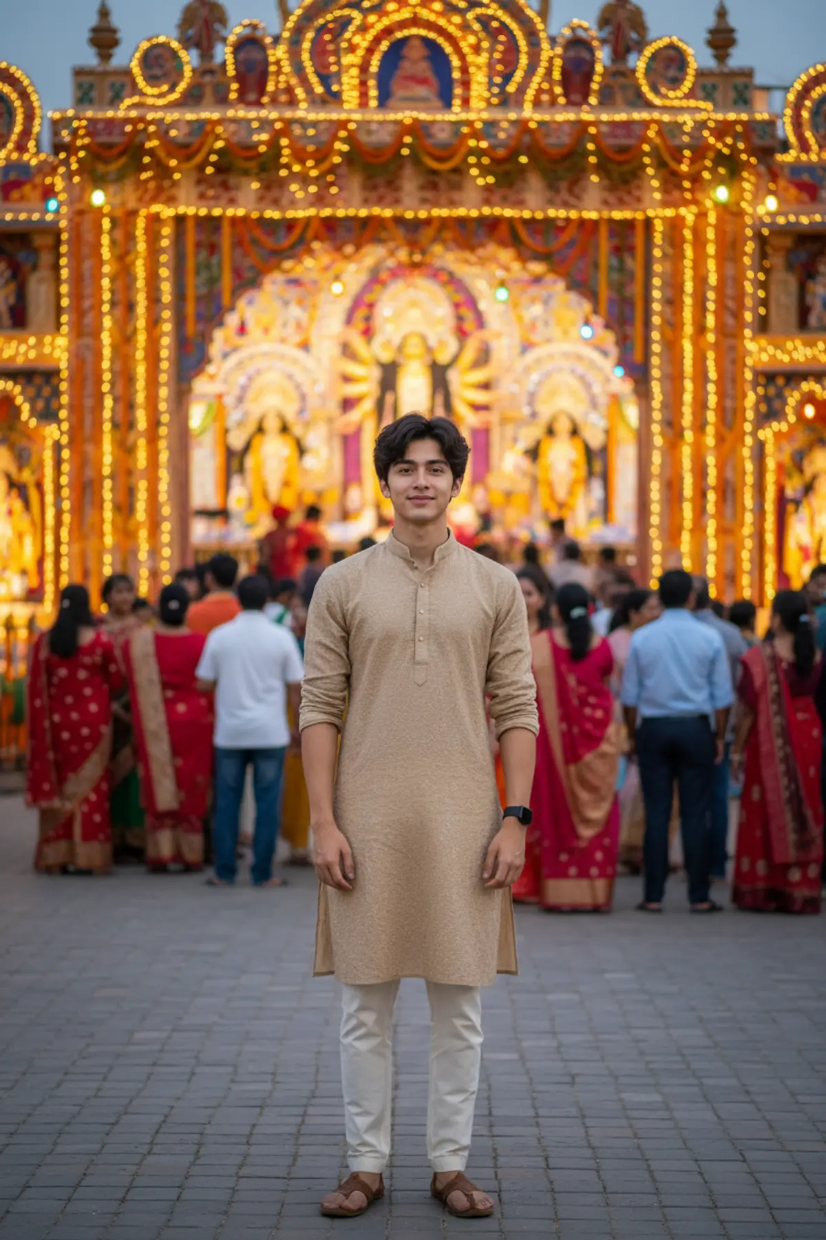 Durga Puja 2026 โ A Festive Evening of Divine Blessings ๐โจ: AI-generated from the original photo