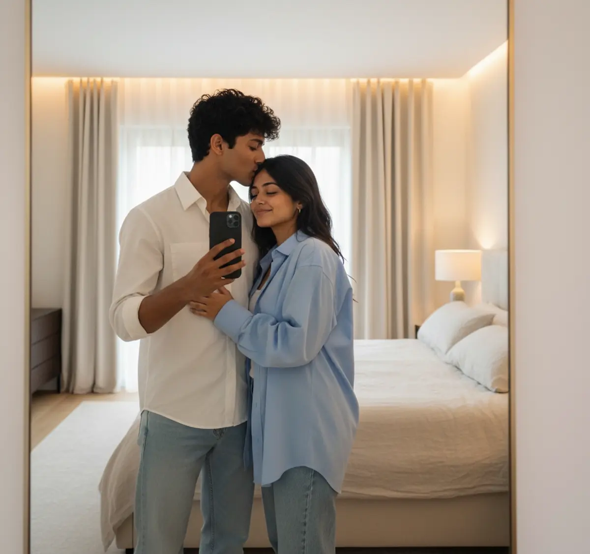 Mirror-Kissed Love — Cozy Couple Lifestyle Portrait AI photo by Serene