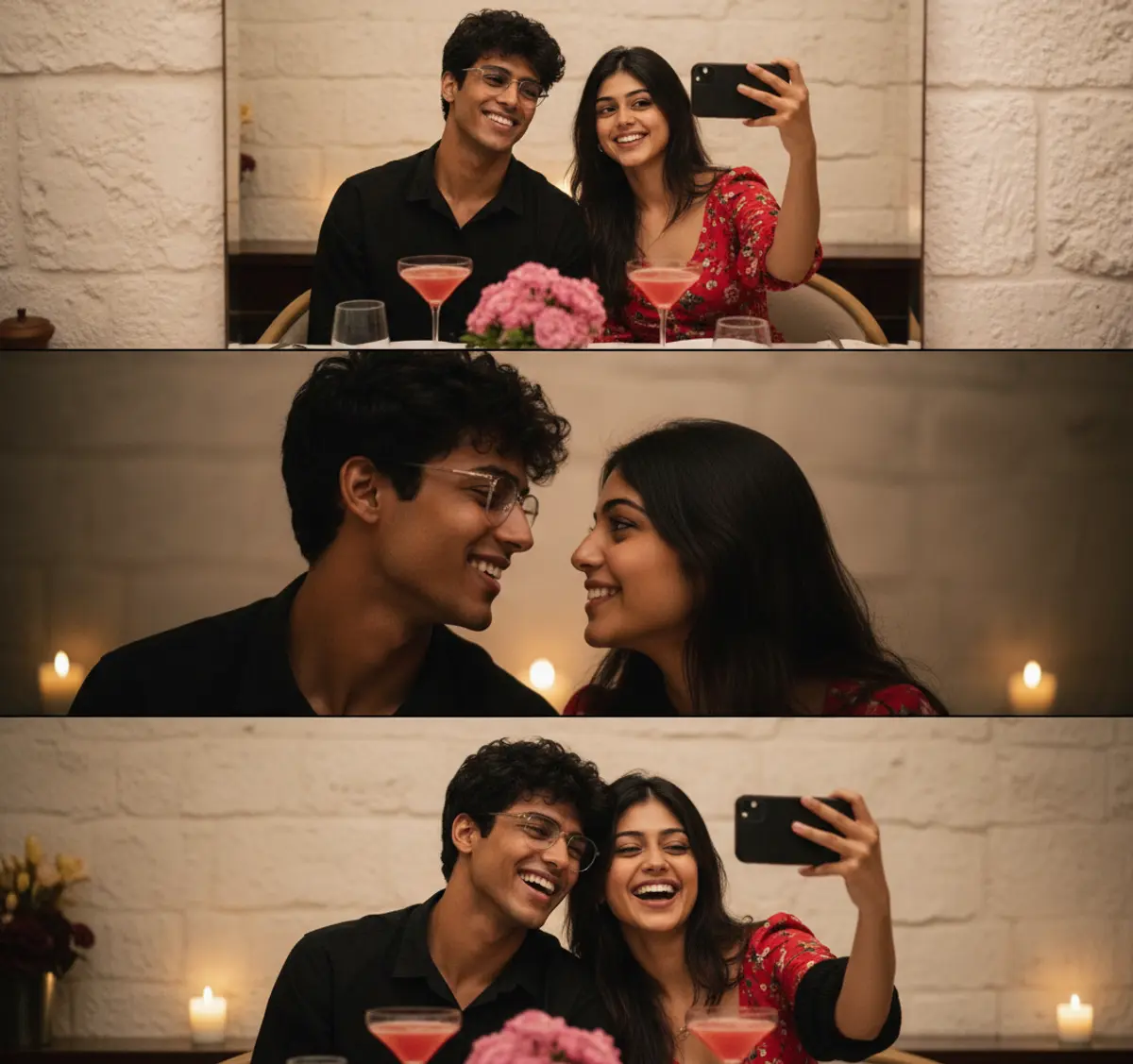 Three Moments, One Love — Romantic Restaurant Triptych: AI-generated from the original photo