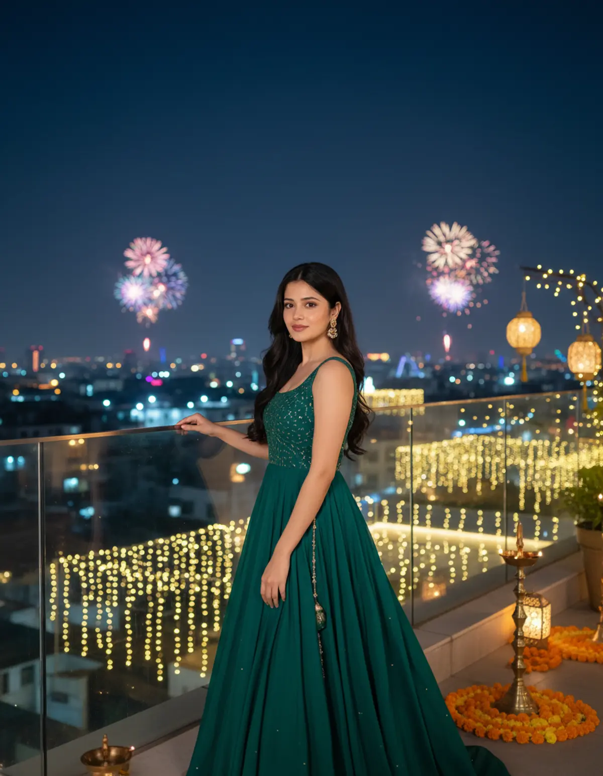 Emerald Elegance ๐โจ | Modern Diwali Glamour: AI-generated from the original photo