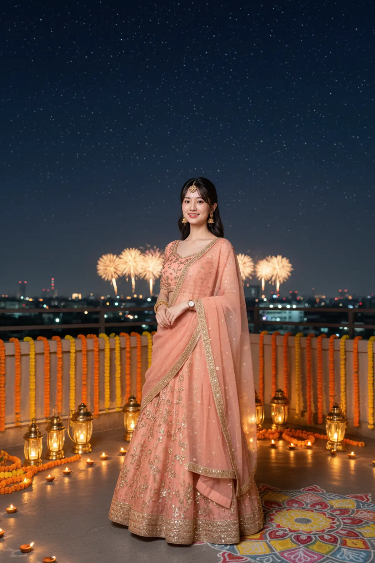 A Starry Diwali Celebration ๐๐ช | Peach & Gold Elegance: AI-generated from the original photo