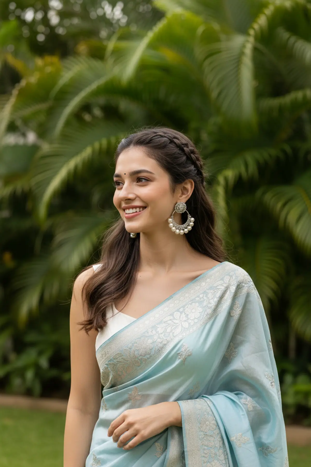 Light Blue Saree Editorial Portrait: AI-generated from the original photo