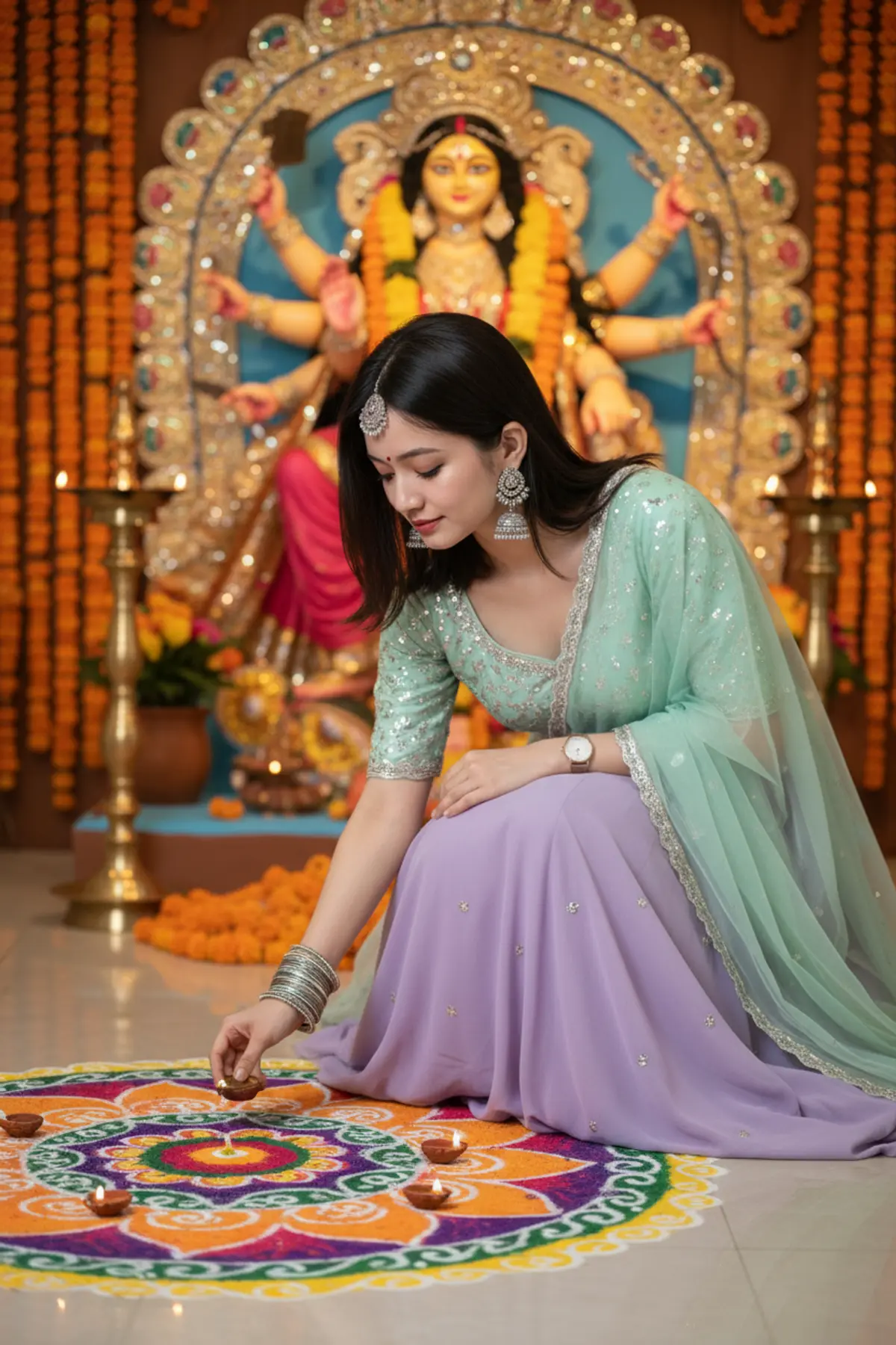 Diya Glow – Durga Puja Celebration 🪔🌸 AI photo by Serene