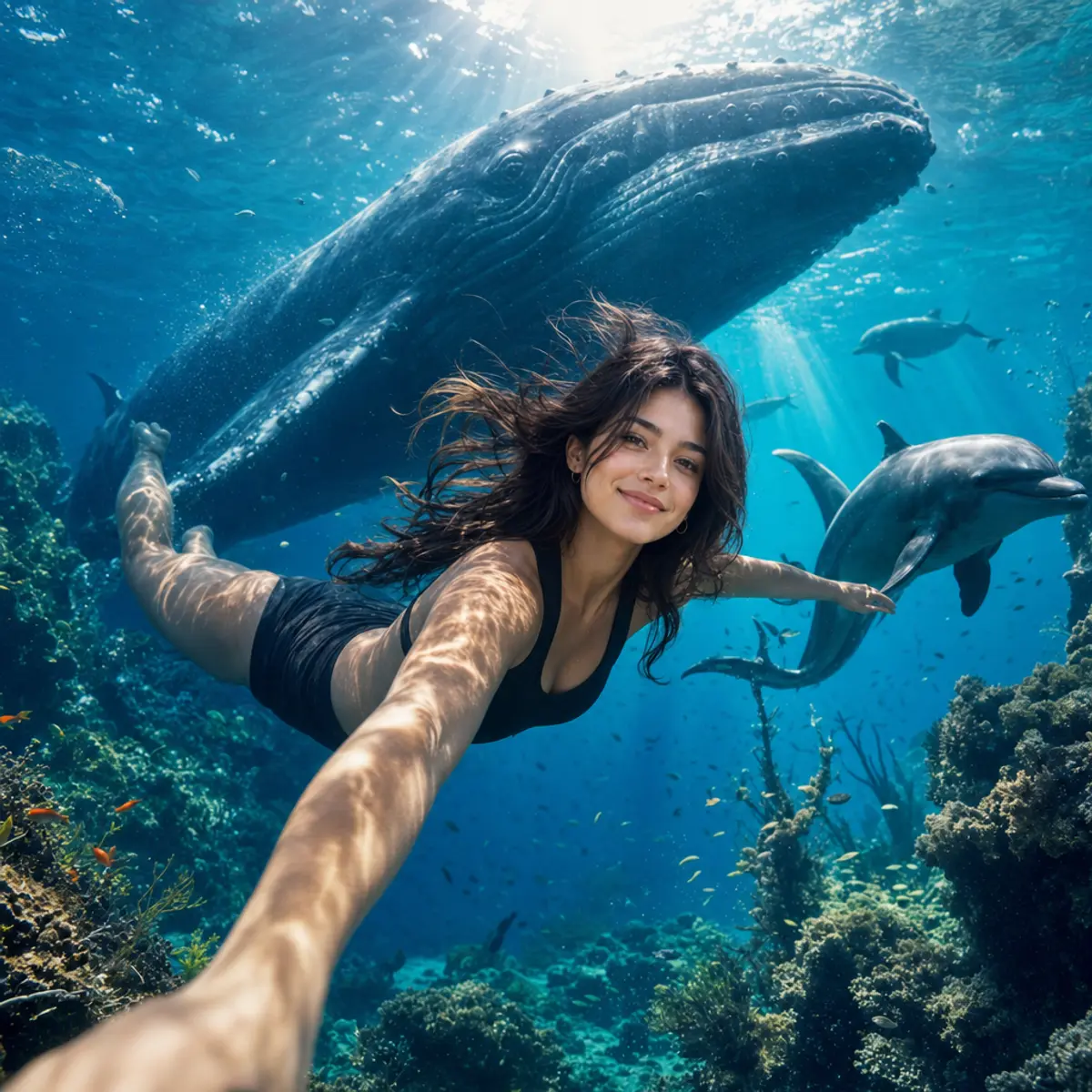 Deep Blue Wonders: Swimming with Giants 🐋🐬: AI-generated from the original photo