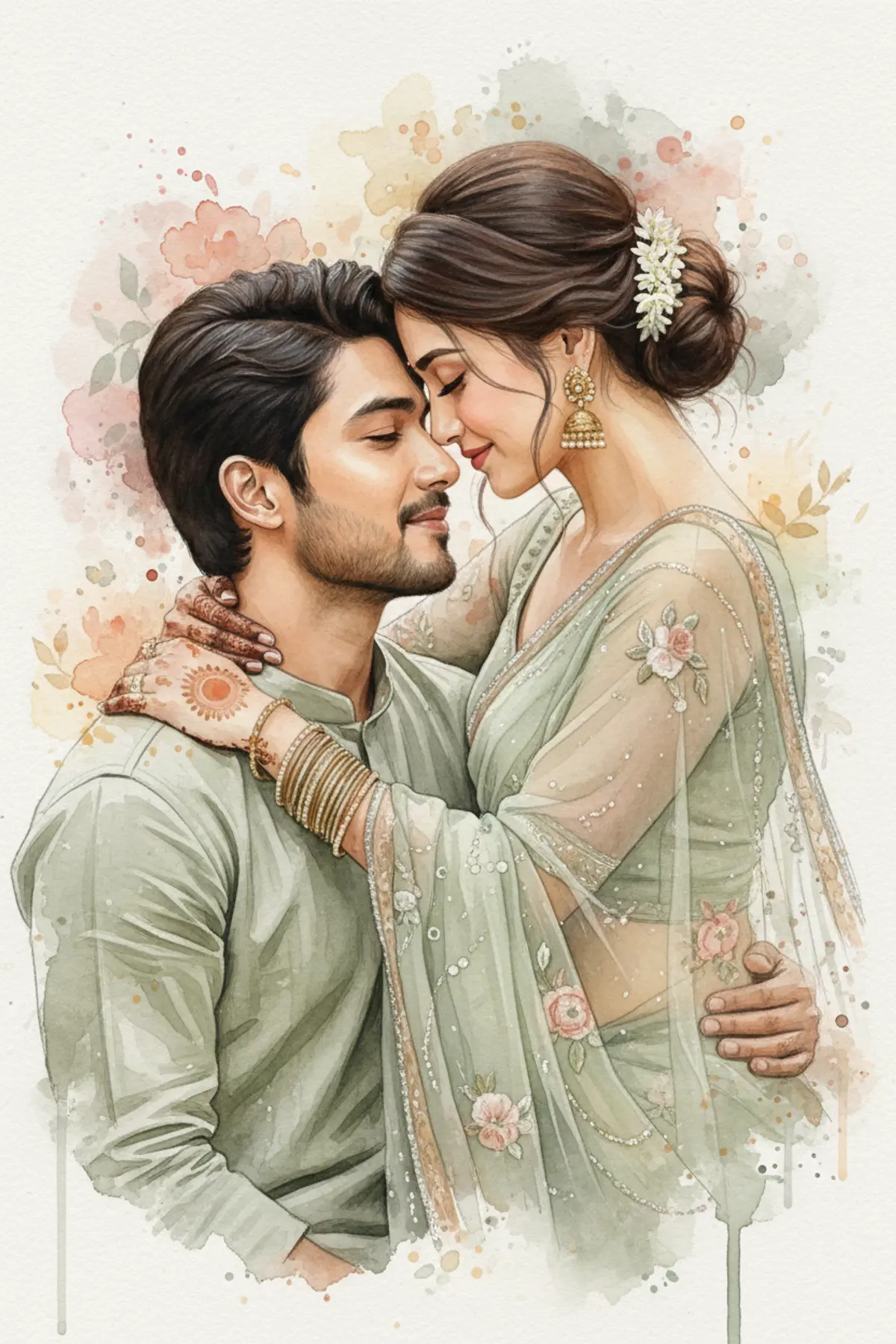 Whispers in Watercolor — Timeless Romantic Couple Portrait: AI-generated from the original photo