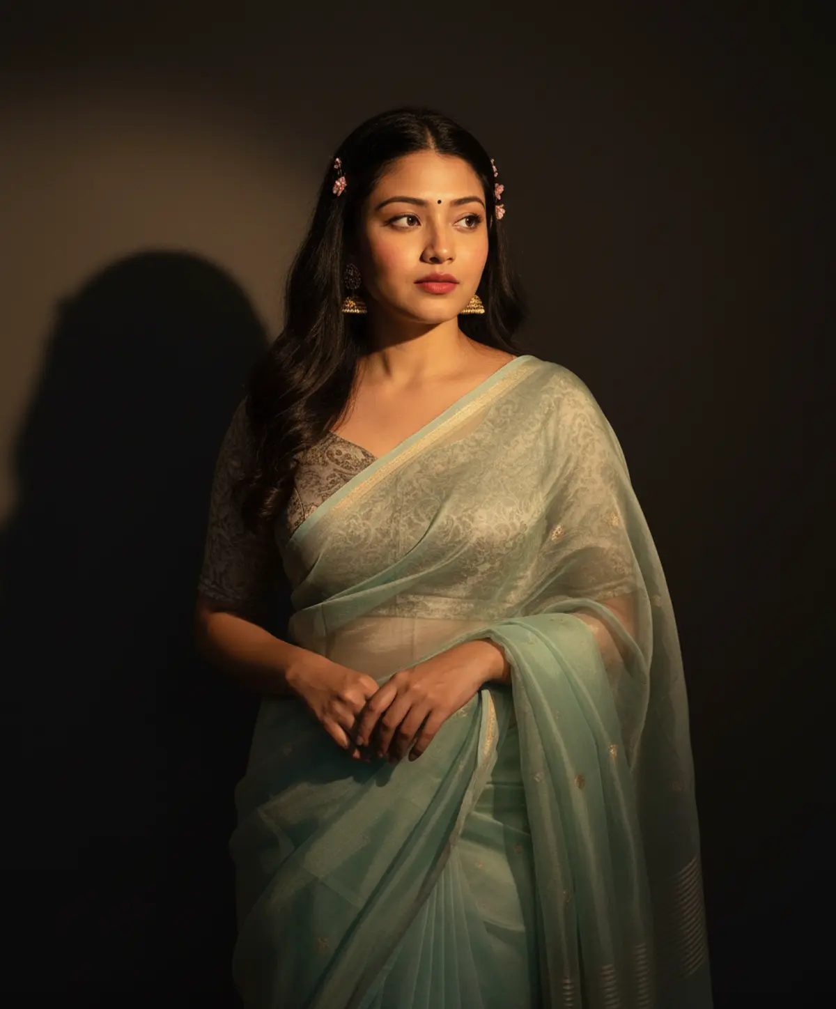 Cinematic Pastel Saree Portrait: AI-generated from the original photo