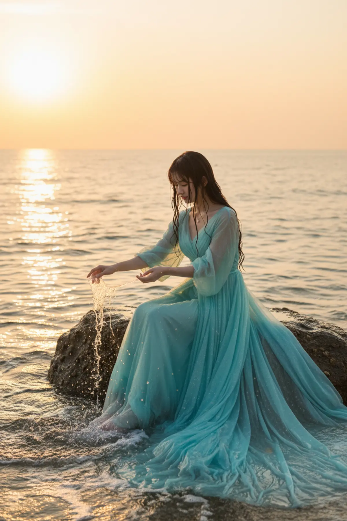 Sea Princess at Sunrise — Ocean Fantasy Portrait: AI-generated from the original photo