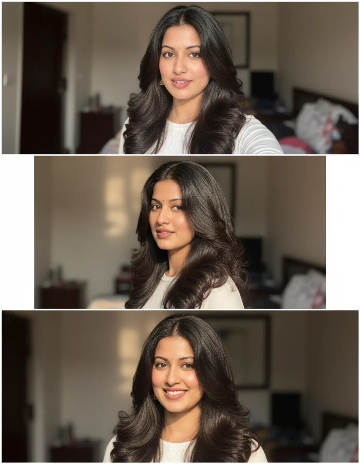 Three Looks, One Signature — Voluminous Hair Transformation AI photo by Serene