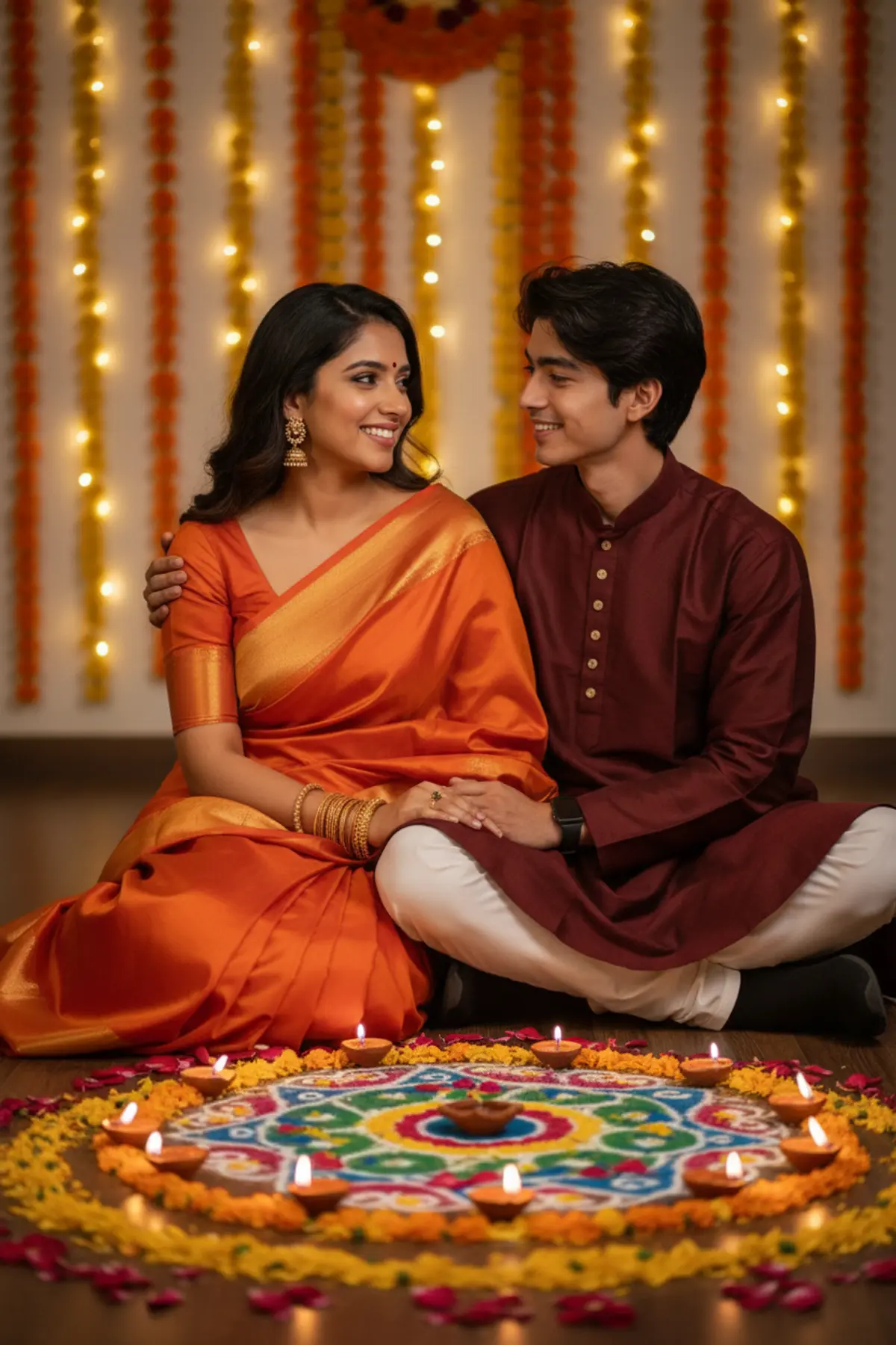 Diwali Couple Rangoli Portrait: AI-generated from the original photo