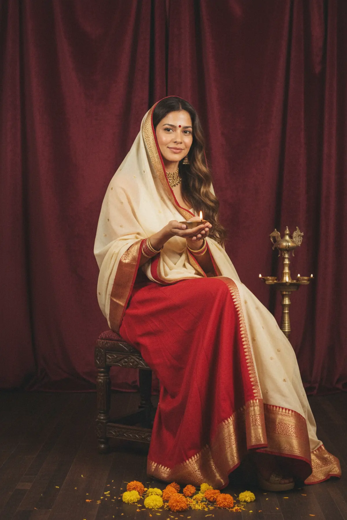 Retro Studio Diwali Lehenga Portrait: AI-generated from the original photo