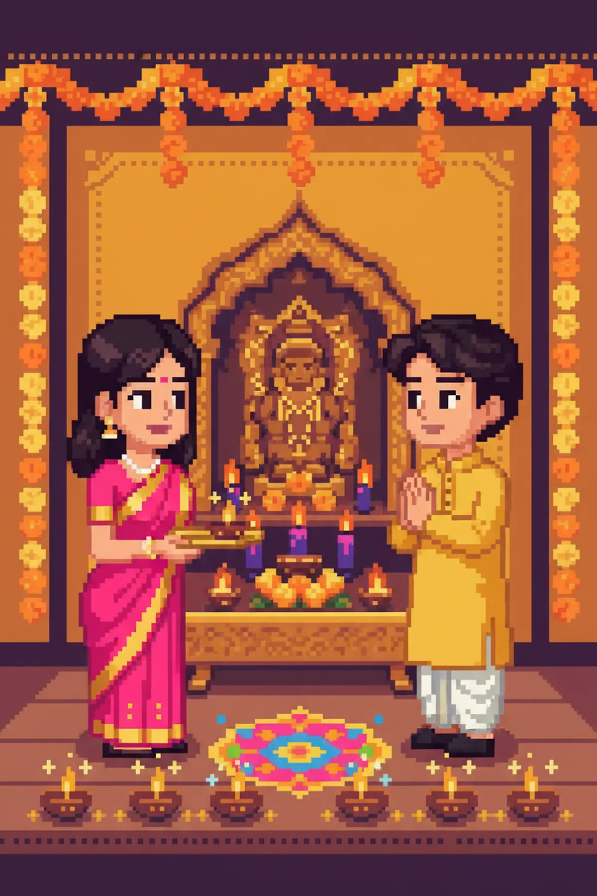 Diwali Pixel Art Couple Puja AI photo by pixkoz.picks