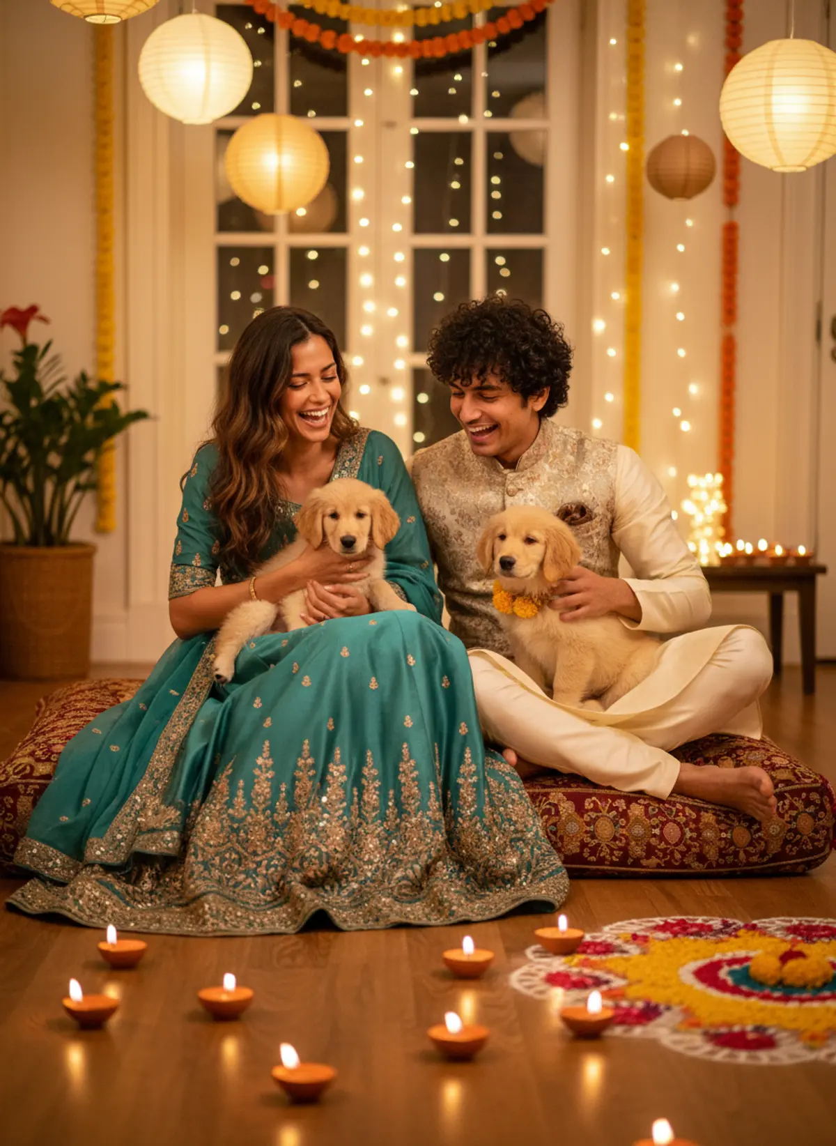Diwali Couple with Puppies Portrait: AI-generated from the original photo