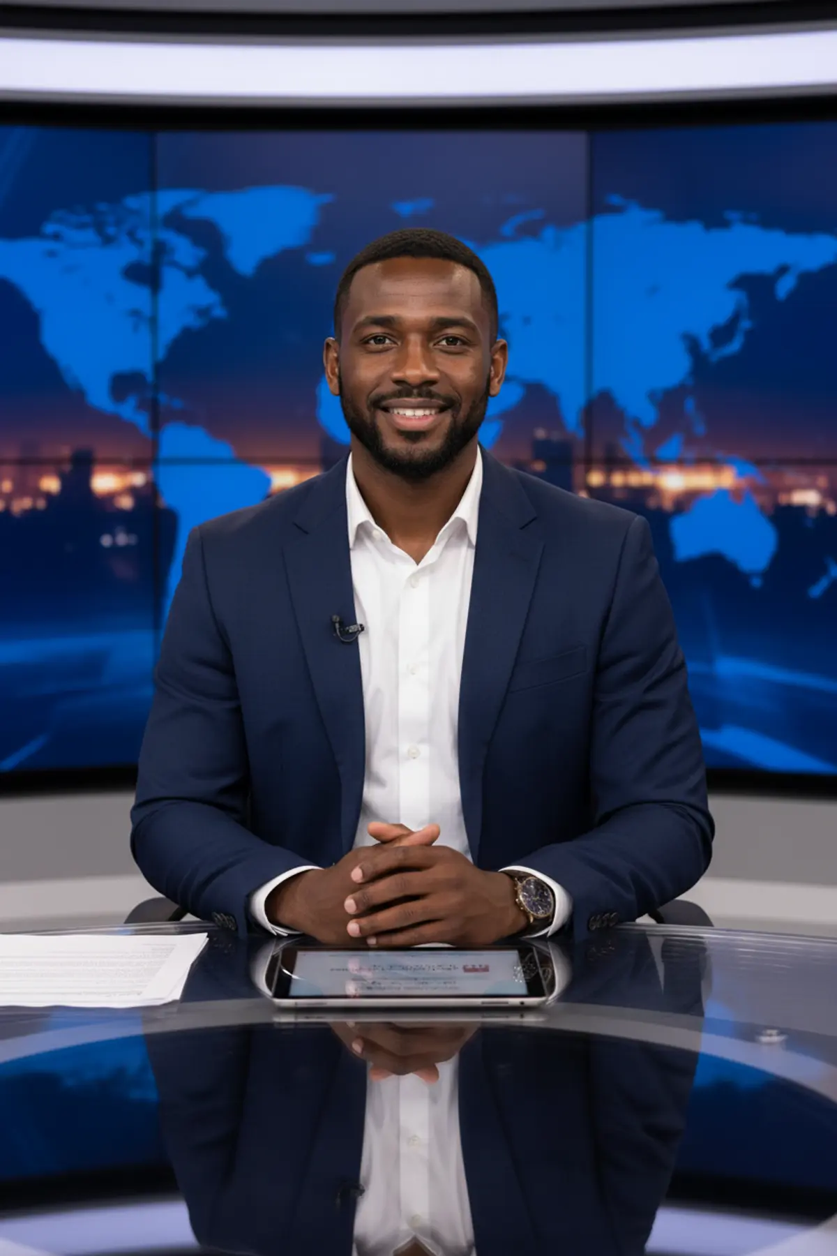 TV News Anchor Studio Portrait AI photo by pixkoz.picks