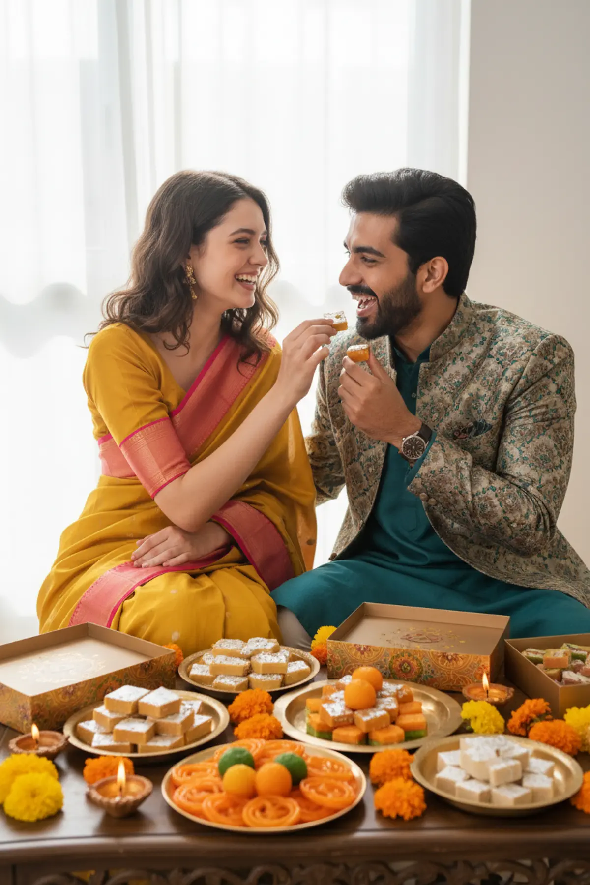 Diwali Couple Sweets Exchange Portrait AI photo by pixkoz.picks