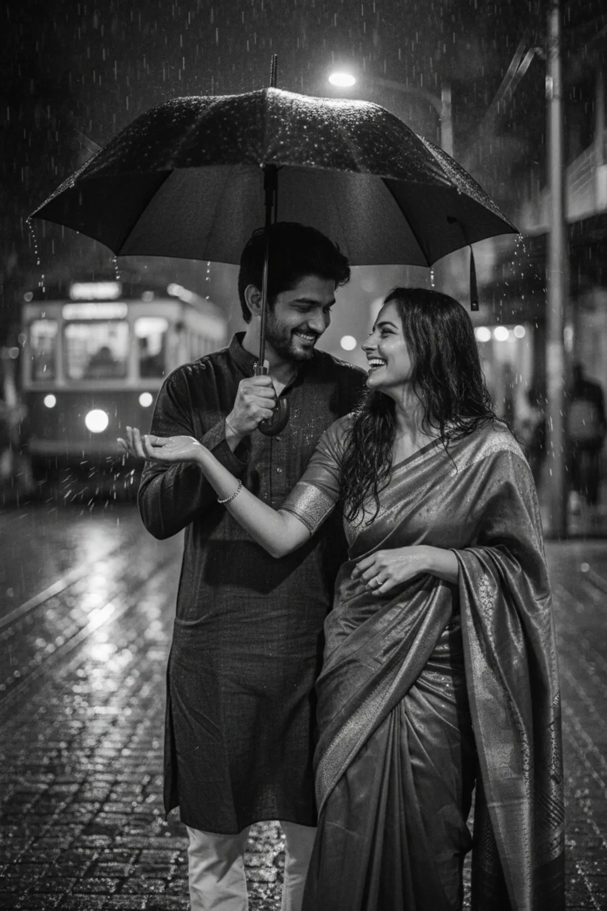 Black and White Monsoon Umbrella Couple AI photo by pixkoz.picks