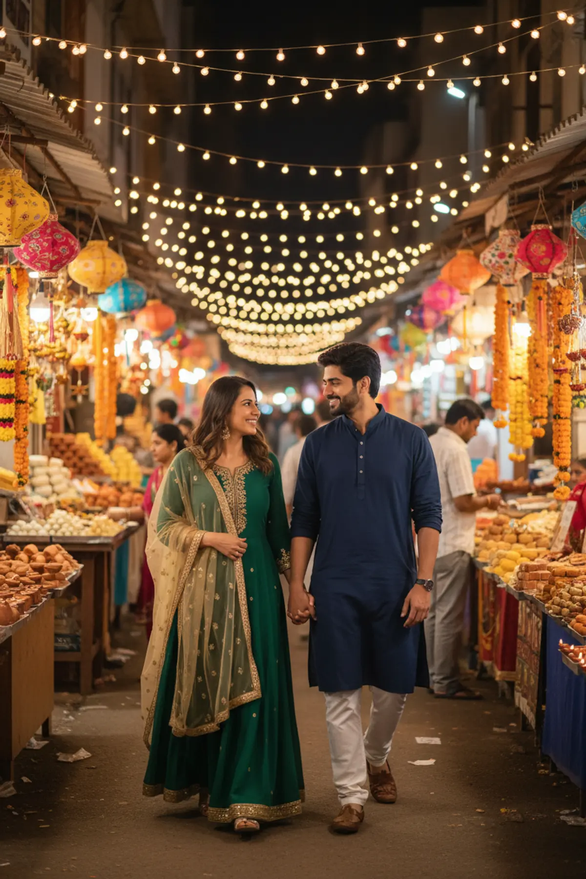 Diwali Market Walk Couple Photo AI photo by pixkoz.picks